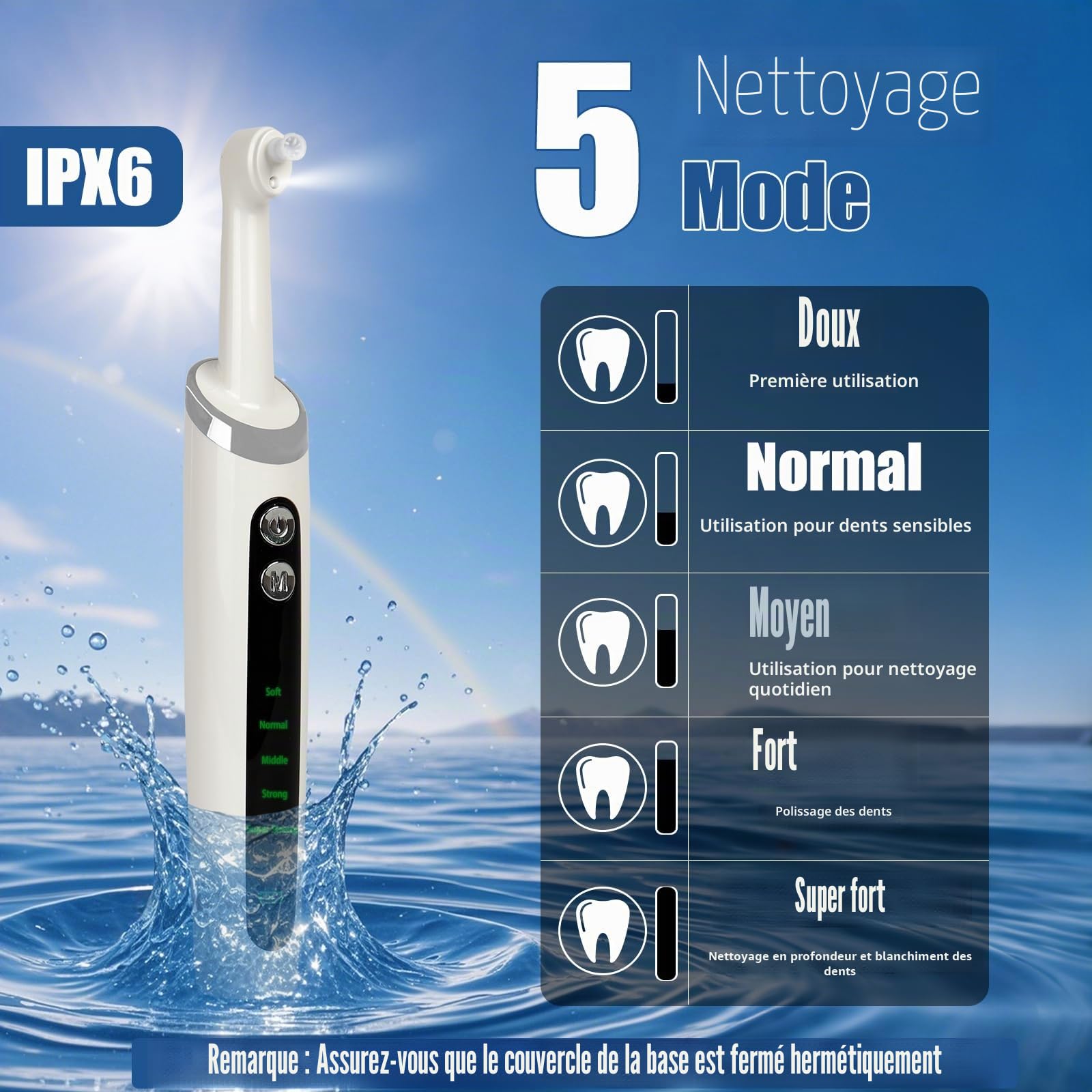 Polisseuse dentaire électrique multifonctionnelle, étanche IPX6, 5 modes d'intensité, lumière LED, 5 embouts, blanchiment des dents et nettoyage en profondeur