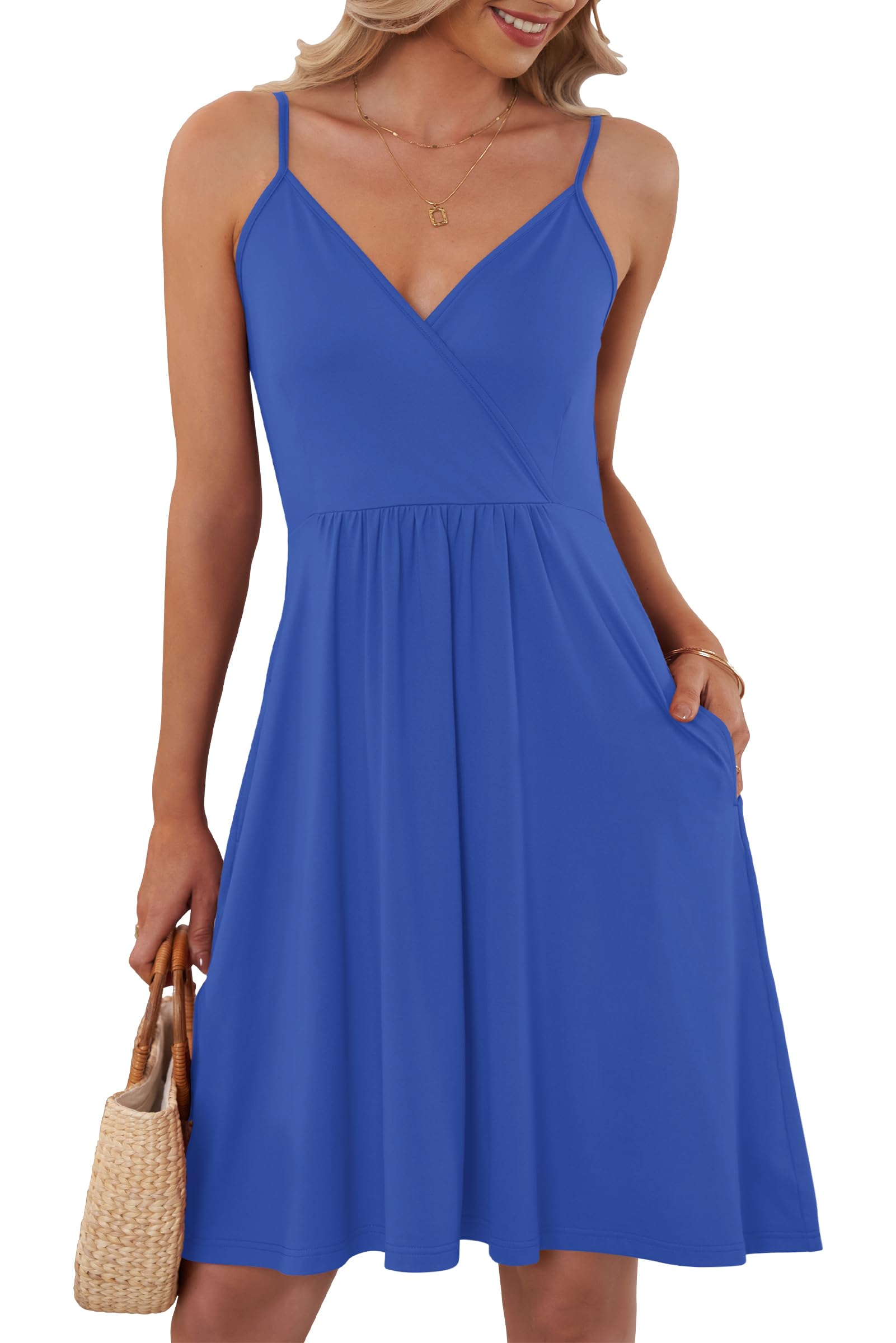 Auselily Women's Royal Blue Summer Dress For Uk V Neck Spaghetti Strap Casual Dress Beach With Pockets Xl
