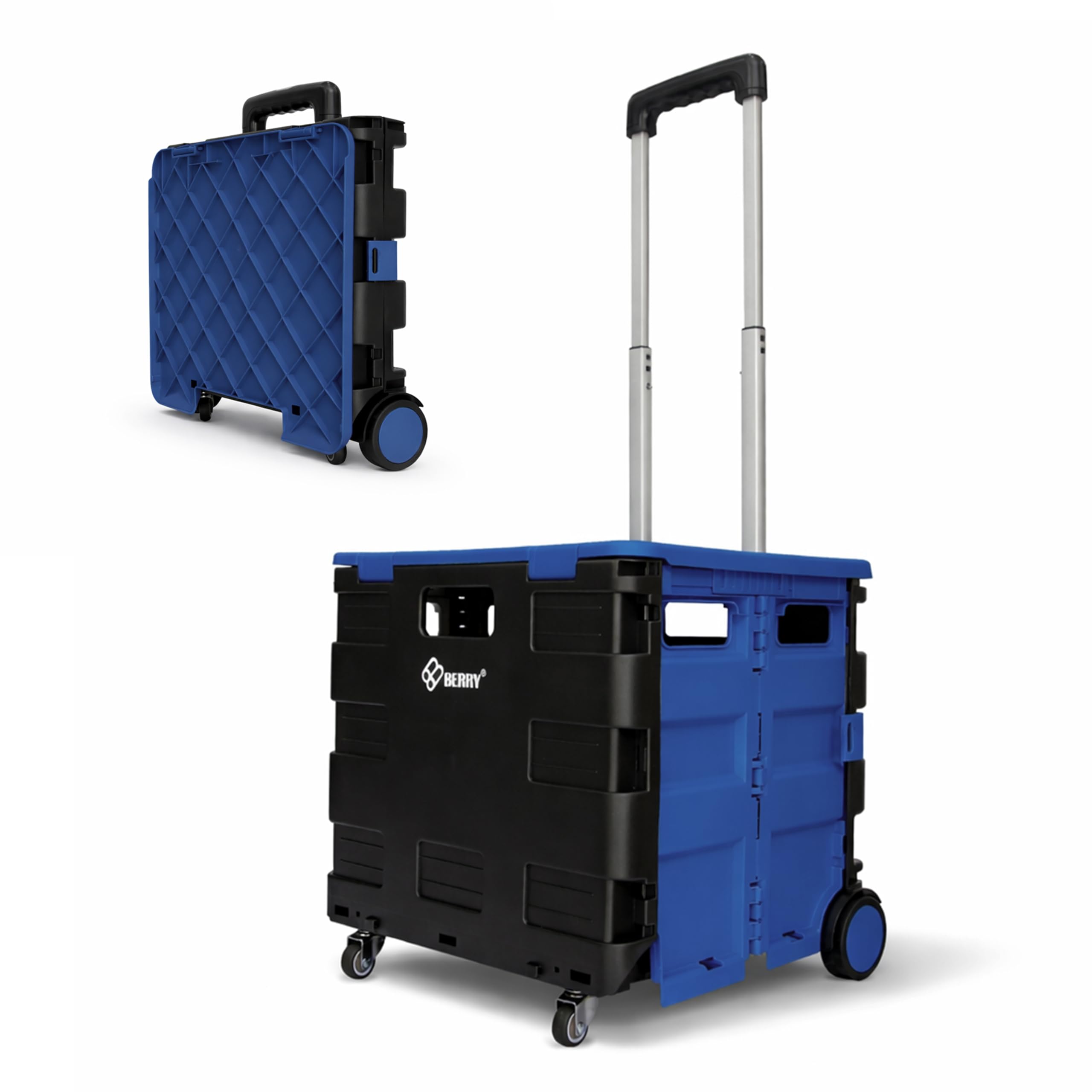 Berry 40kg Foldable Shopping Trolley - Blue & Black Plastic Utility Cart with Lid | 4 Wheel Portable Trolley with Telescopic Handle for Shopping, Laundry, Teachers & Home Use