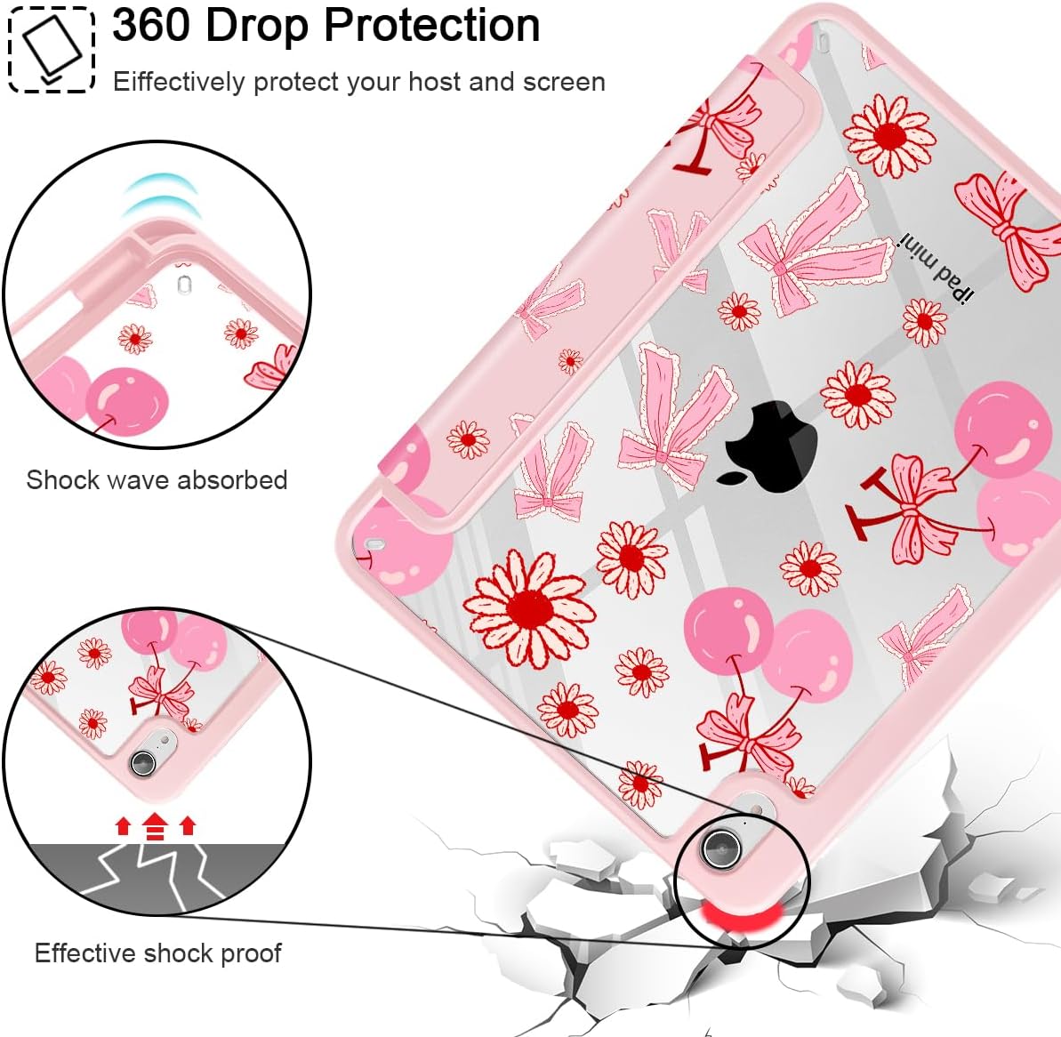 for Slim Case for iPad mini 7 (A17 Pro, 7th Generation) 2024 / iPad mini 6 (6th Gen) 8.3 Inch, [Built-in Pencil Holder] Clear Back Shell + Auto Wake/Sleep, Cherry Bow P705