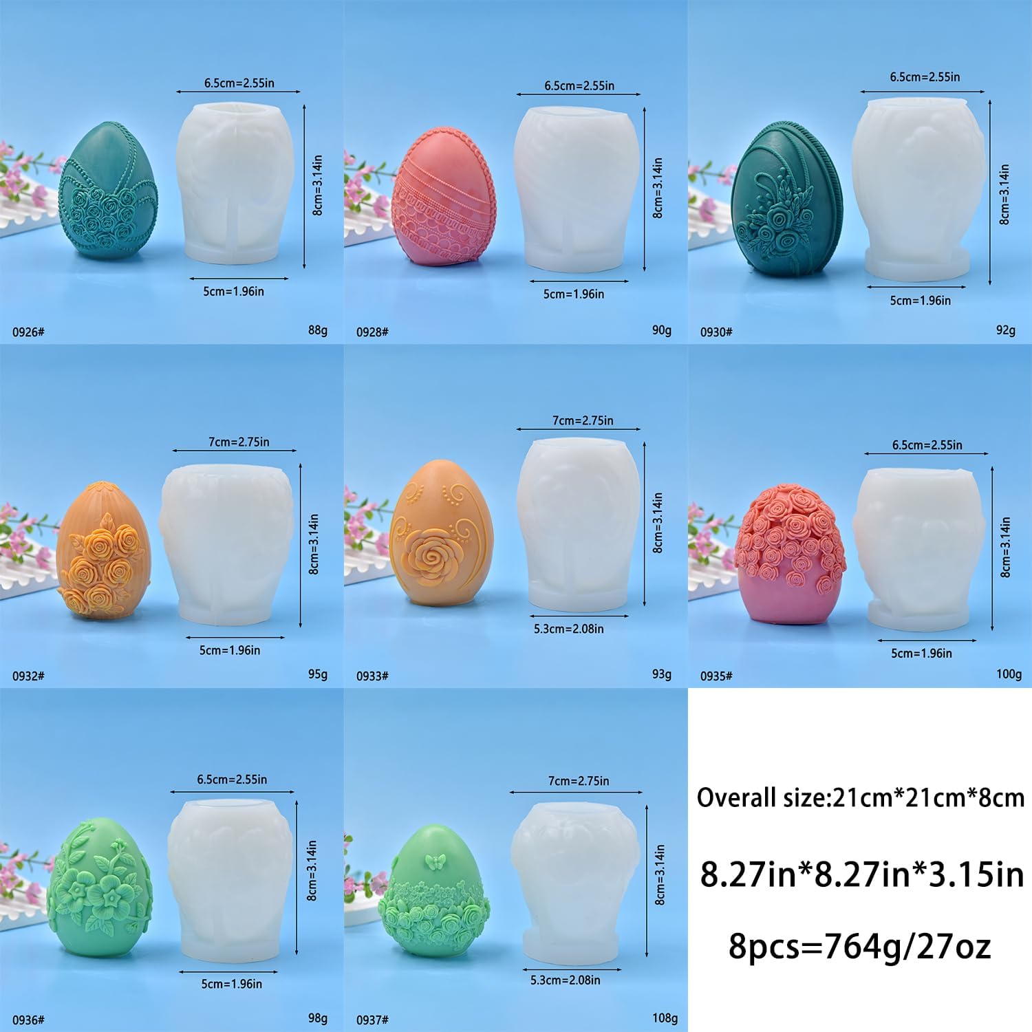 8 Pieces Set, Easter Series of Floral Egg Candle Craft Silicone Mold Making