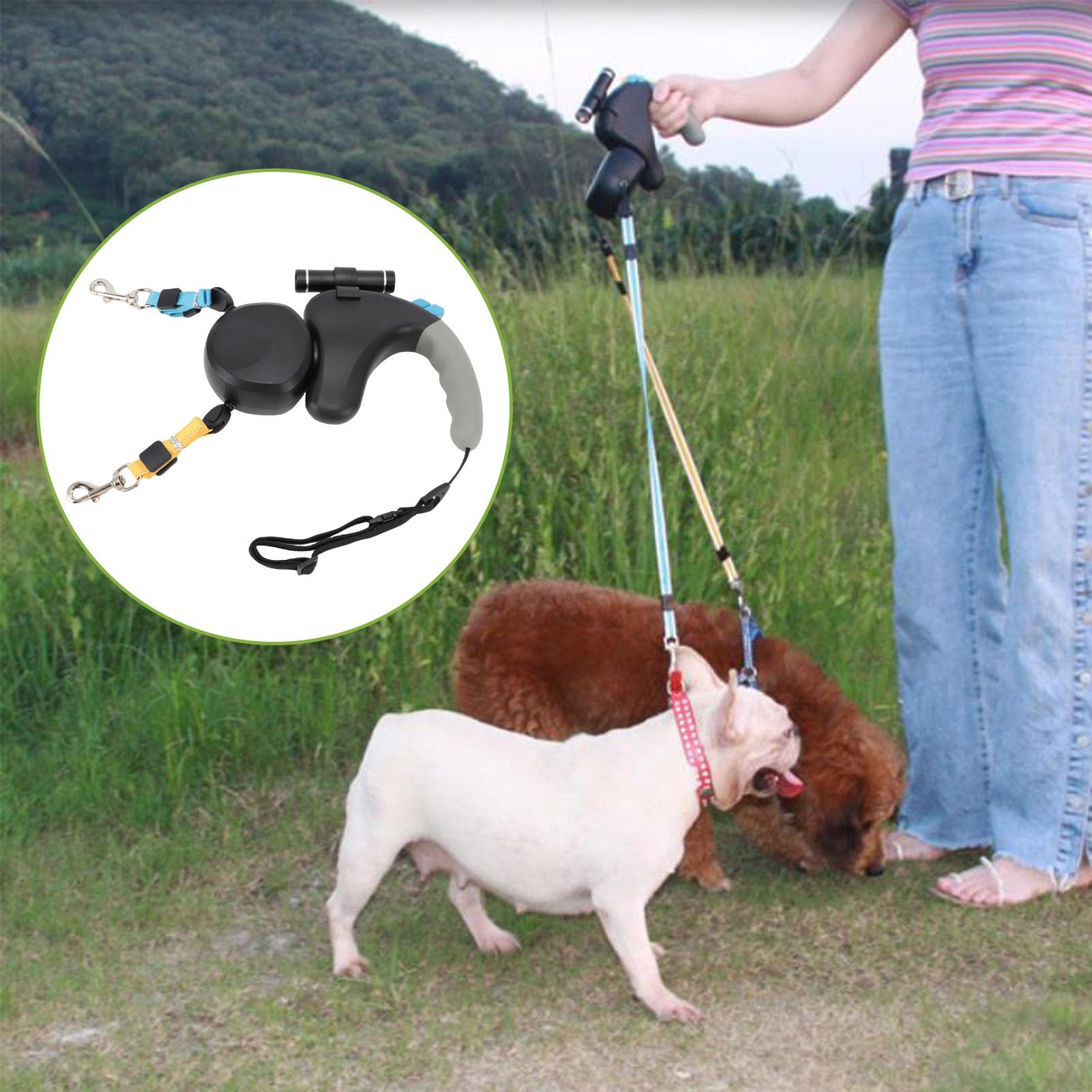 Jiawu Laisse Rétractable pour 2 Chiens, Rotation à 360 Degrés, Double Laisse Rétractable pour Chien avec Lumière LED et Absorption des Chocs pour Chiens jusqu'à 50 LB (Black)