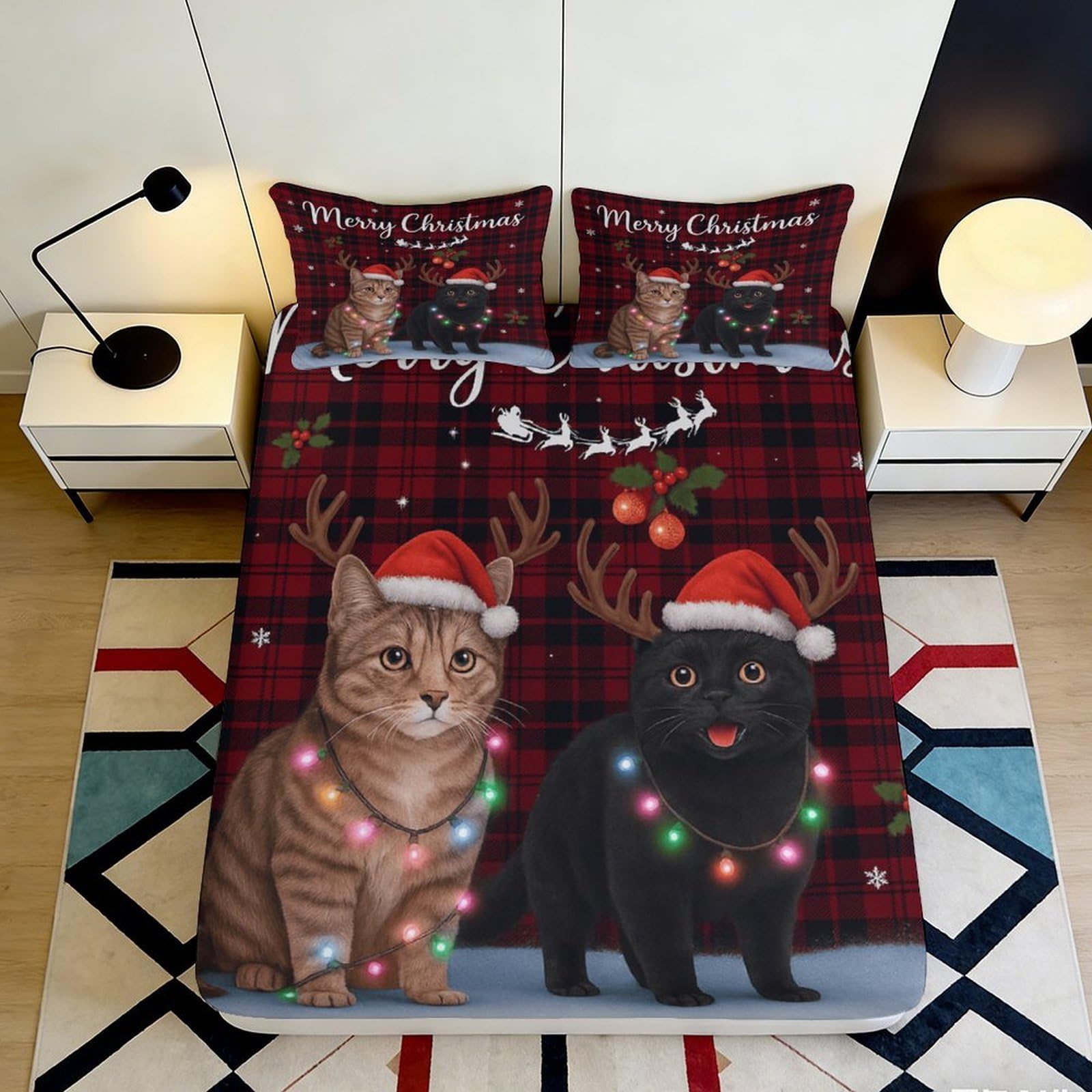 3D Printed Christmas Cat Fitted Sheet Microfiber Soft Plaid Reindeer Bed Cover for Bedroom Dorm Mattress Decor 90x200x25cm