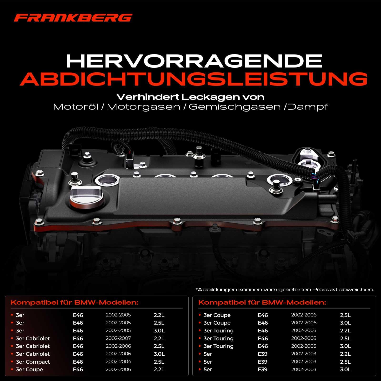 Frankberg Ventildeckel Kompatibel mit 3er E46 320 325 330 5er E39 E60 E61 520 525 530 7er E65 E66 E67 X3 E83 X5 E53 Z4 E85 2.0L-3.0L Benzin 2000-2010