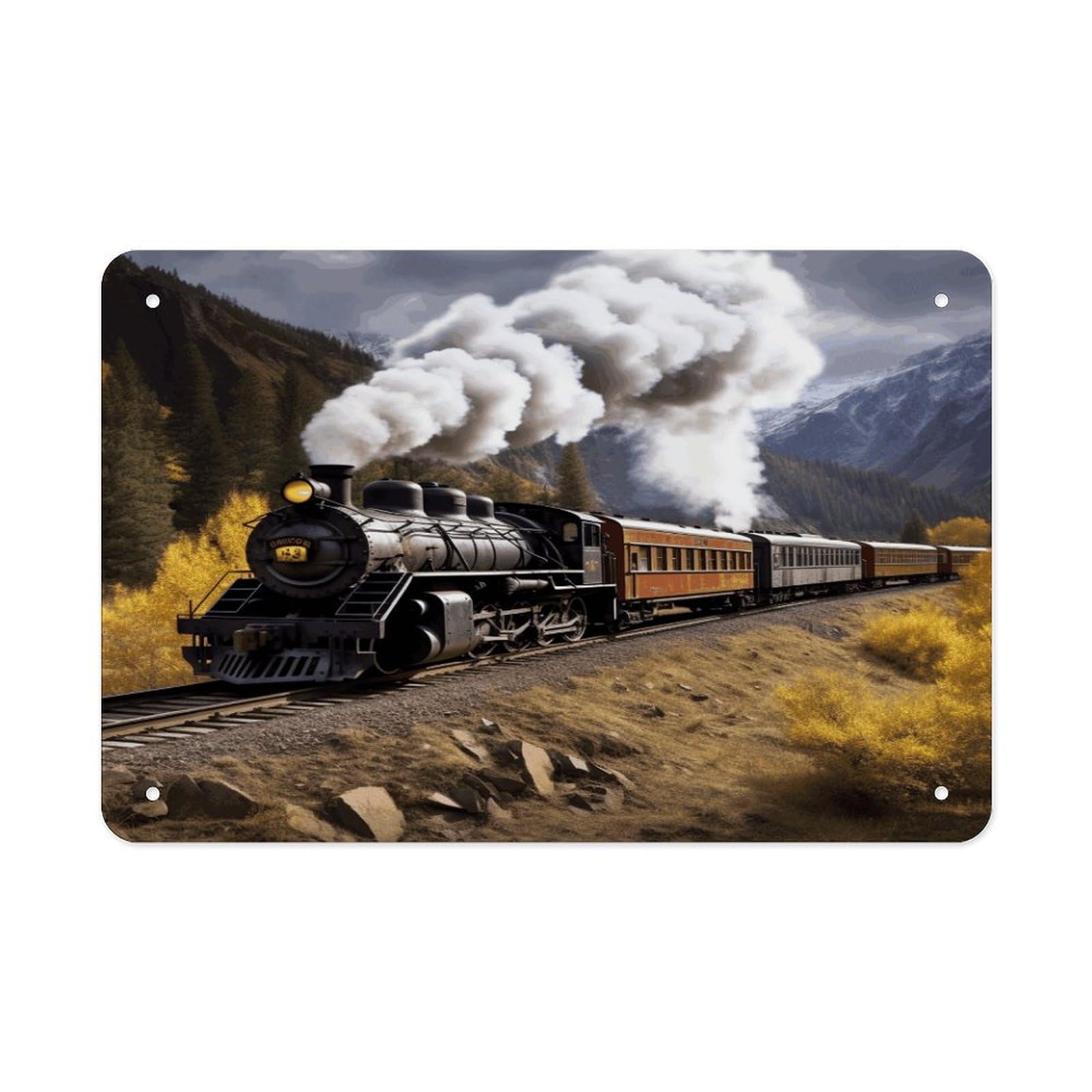 Steam Locomotive Train Metal Tin Sign 12"x8" Wall Art Prints Poster Decorative Picture Metal Signboard Decor Painting Folded Edge Iron Sheet Painting with Holes for Wall Decor