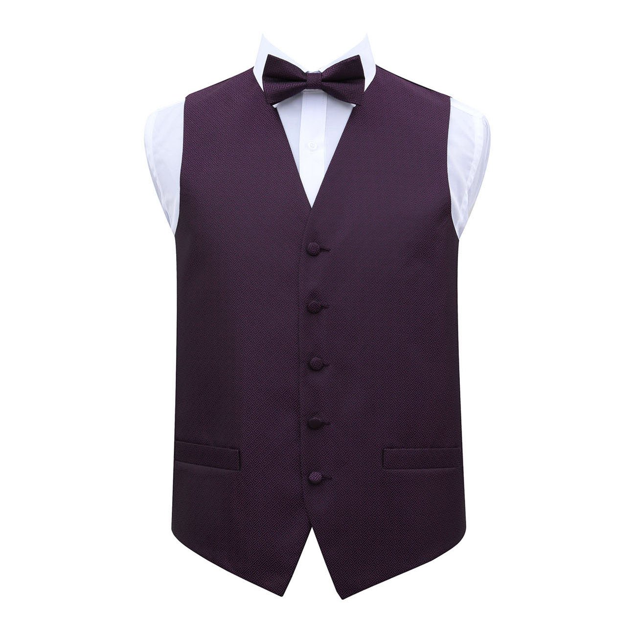 DQT Mens Greek Key Jacquard Waistcoat & Pre-Tied Bow Tie Set (2pc) - Wedding, Business & Formal - Cadbury Purple 38" M