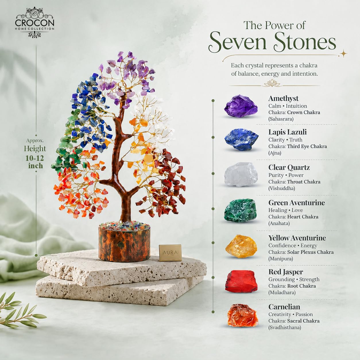 Crocon L'original Bonsaï d'arbre de guérison en Pierres précieuses Naturelles Sept Chakras pour Cristal Reiki, équilibre de guérison, Bonne Chance, décoration de méditation spirituelle, Cadeau
