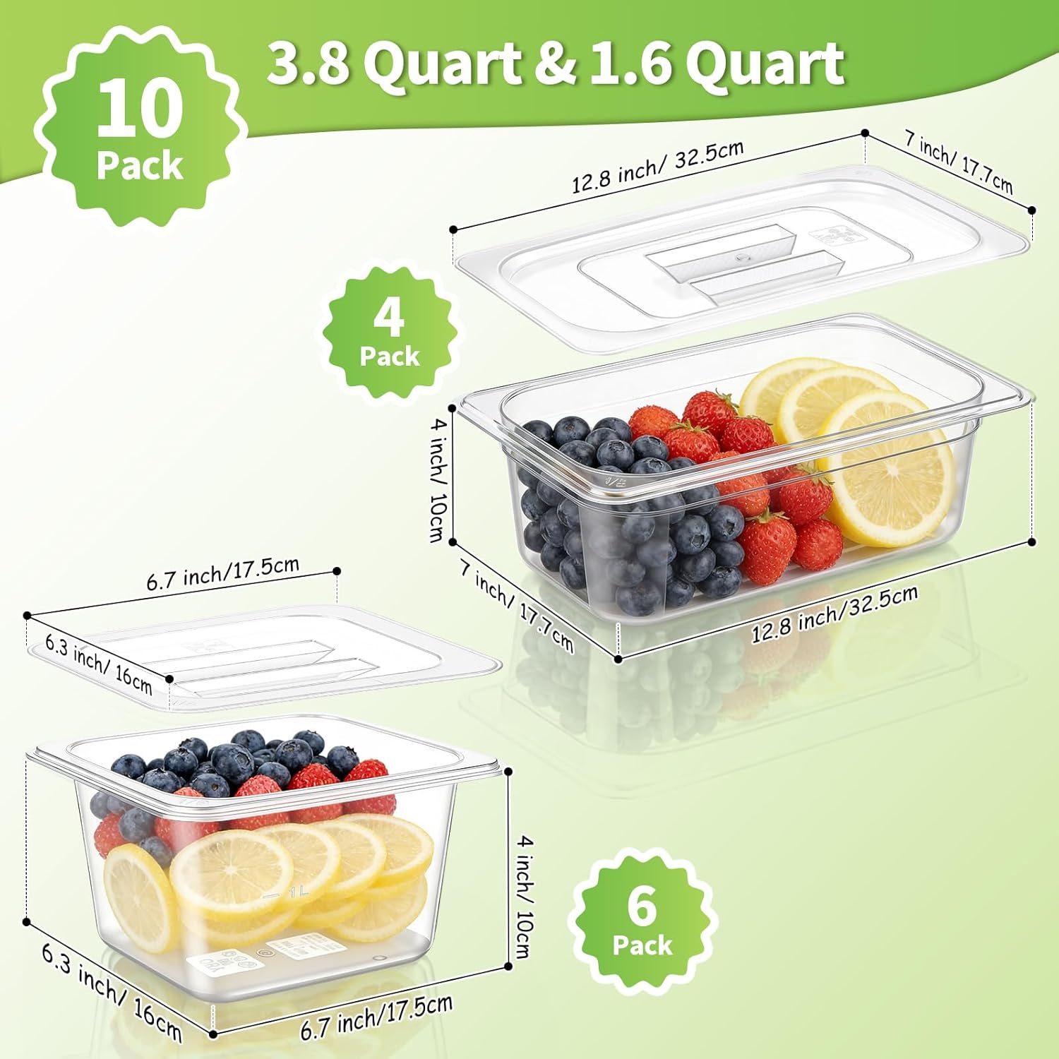Sliner 10 Pack Plastic Clear Food Pans with Lids, Including 6 x 1/6 Size and 4 x 1/3 Size, 4 Inches Deep, Stackable and Freezer Safe Commercial Food Storage Containers for Fridge Salad Polycarbonat