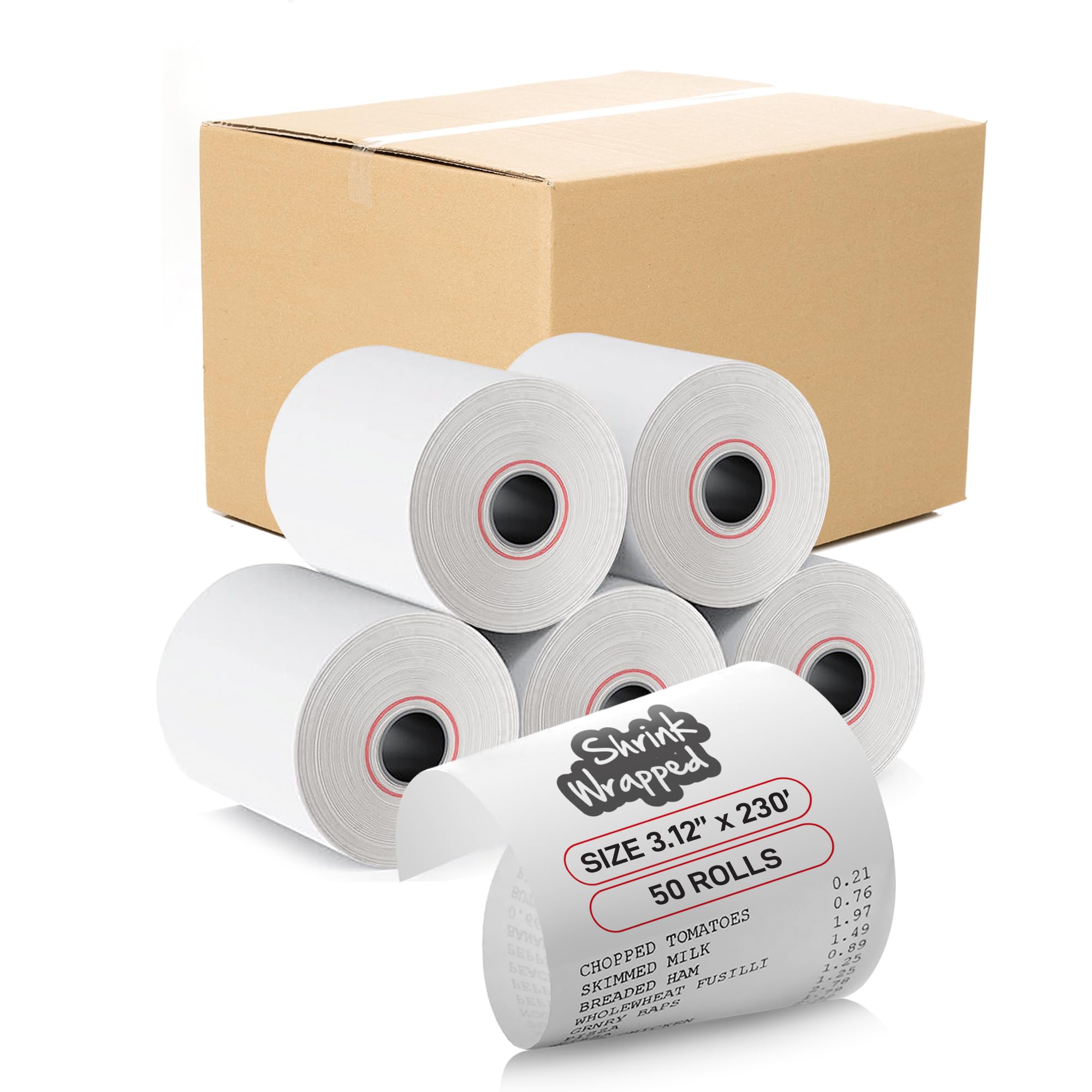 (50 Rolls) 3 1/8 x 230 Thermal Paper Receipt Rolls, 49 GSM, White - Cash Register Clover Epson Receipt Printer Paper, Fits All POS Cash Registers