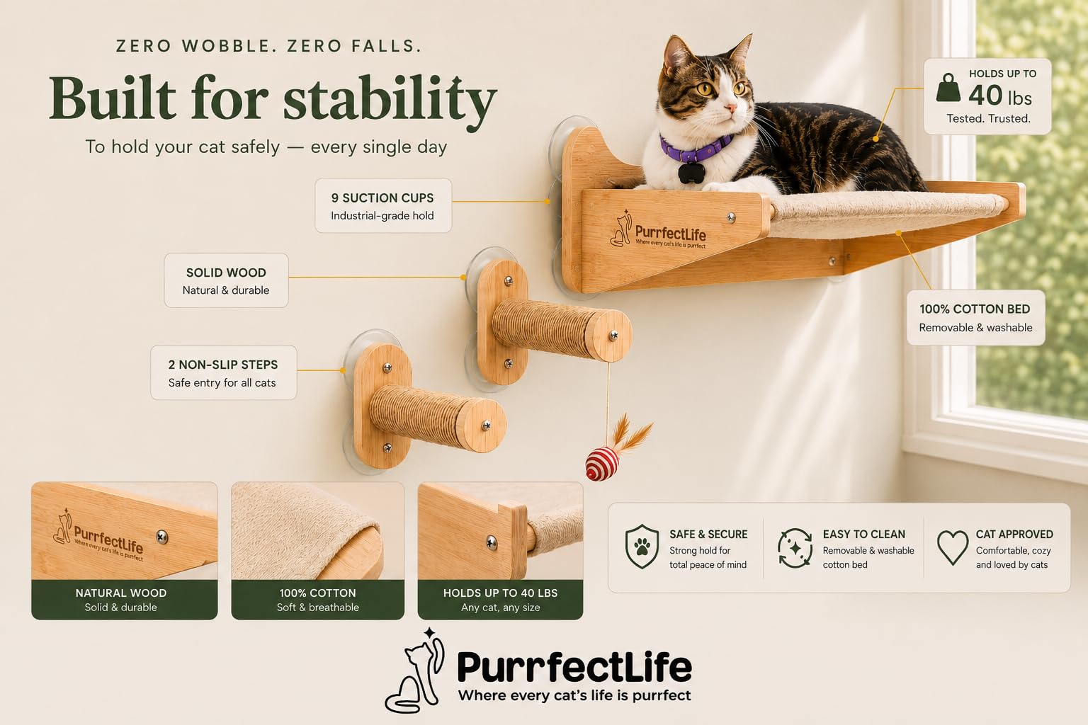 Hamaca para gatos para ventana y pared (2 en 1) - Percha de madera de color sólido y natural con 2 escalones - Hamaca 100% algodón - No necesita herramientas - Gratis: juguete para gatos