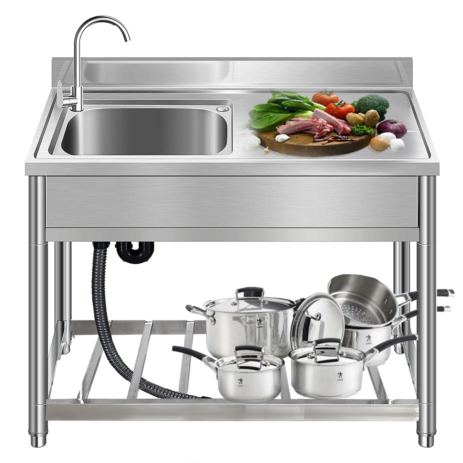 HYSOPSPX Kitchen Sink Single Bowl with Drainboard Freestanding Commercial 304 Stainless Steel for Restaurant, Laundry, Garage Washing Hand Basin