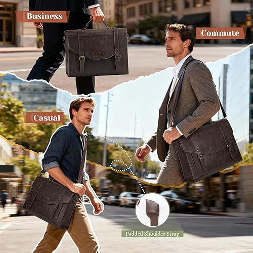 Miniatura 4 de RAINSMORE Bolsa de mensajero con solapa para hombre, estilo vintage, de piel sintética, maletín retro de 15.6 pulgadas con cartera, bolsa para