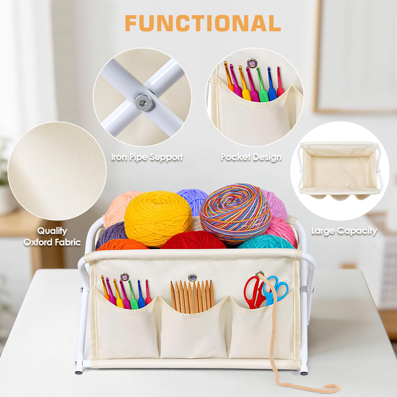 KEEGH Garn-Organizer mit großem Fassungsvermögen, Installationsfreier Garn-Caddy mit 3 Taschen, Häkeltasche, Organizer für Häkelnadeln, Stricknadeln, Zubehör