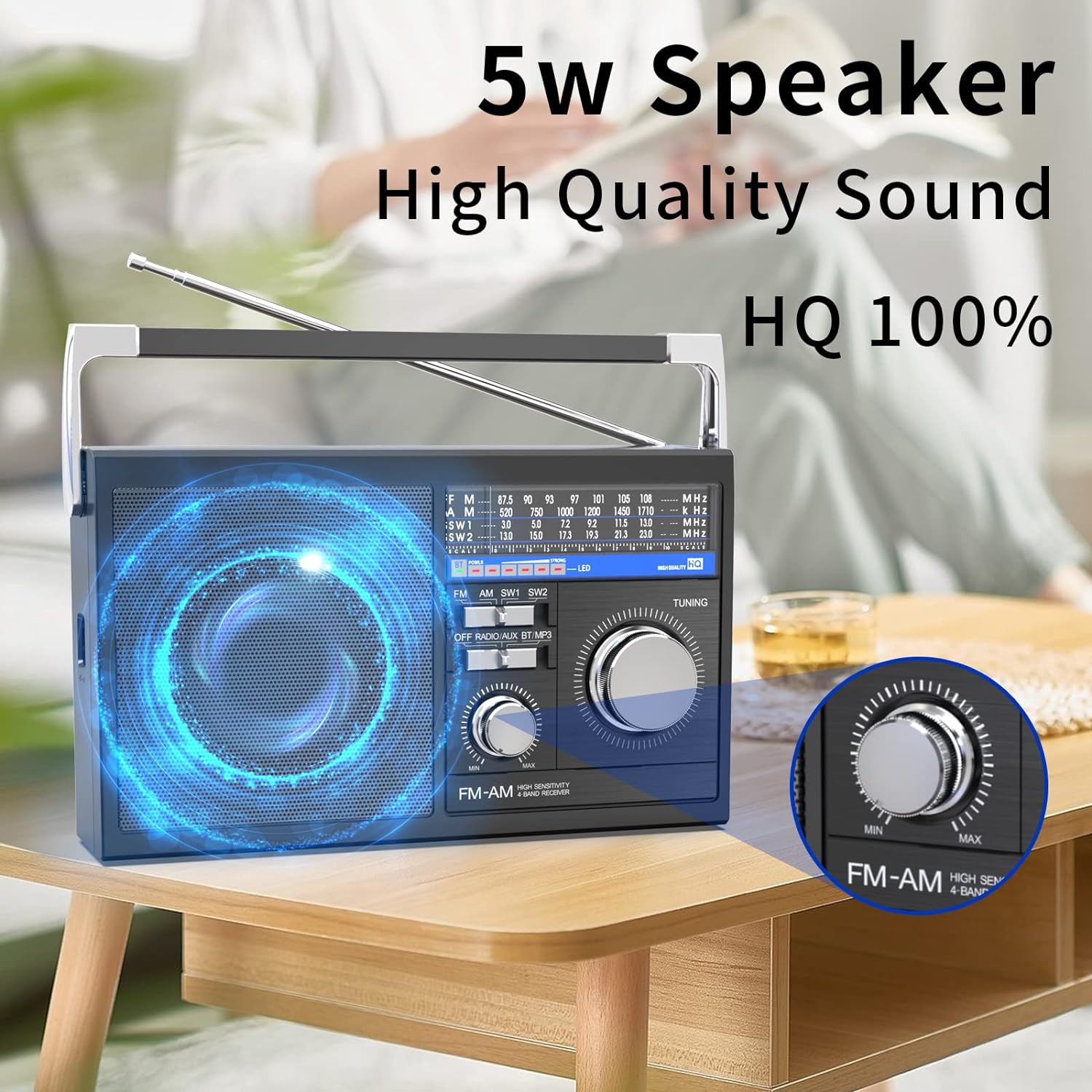 Portable Shortwave Radio, AM FM SW Transistor Radio with Best Reception,  Battery Operated or AC Power, Big Speaker, Bluetooth Connection, Earphone  Jack USB TF Card AUX Input, for Senior(Gray) : : Computers