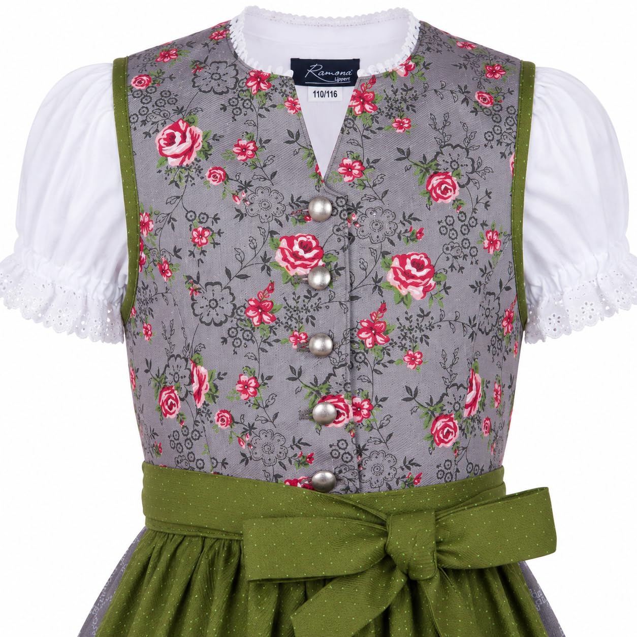 Ramona Lippert® - Dziecięca sukienka Dirndl dla dziewczynek - Dziecięca sukienka z nadrukiem róży - 3-częściowa sukienka do stroju ludowego - Moda ludowa - Strój ludowy z fartuchem