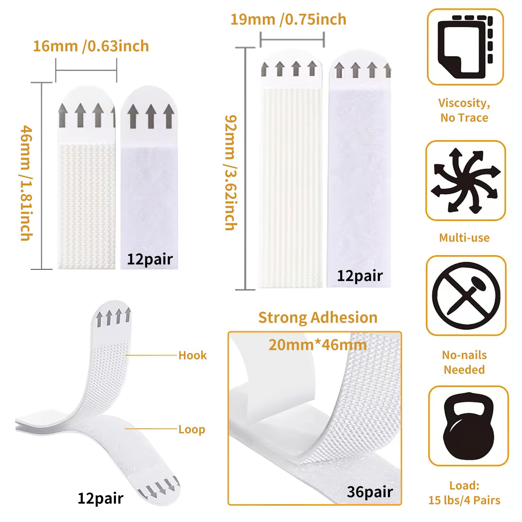 Bandes Adhésives pour Accrocher Tableaux Sans Percer 6 Paires Résistant à l'Eau 19x92mm 20x46mm 16x70mm