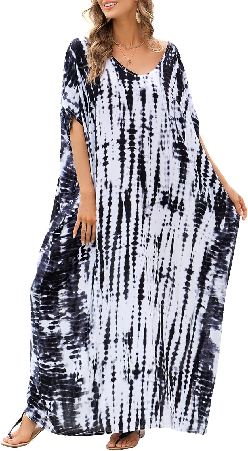 MorelianMorelian Women Oversized Maxi Dress Tie Die Printed V Neck Beach Robe Cover Ups