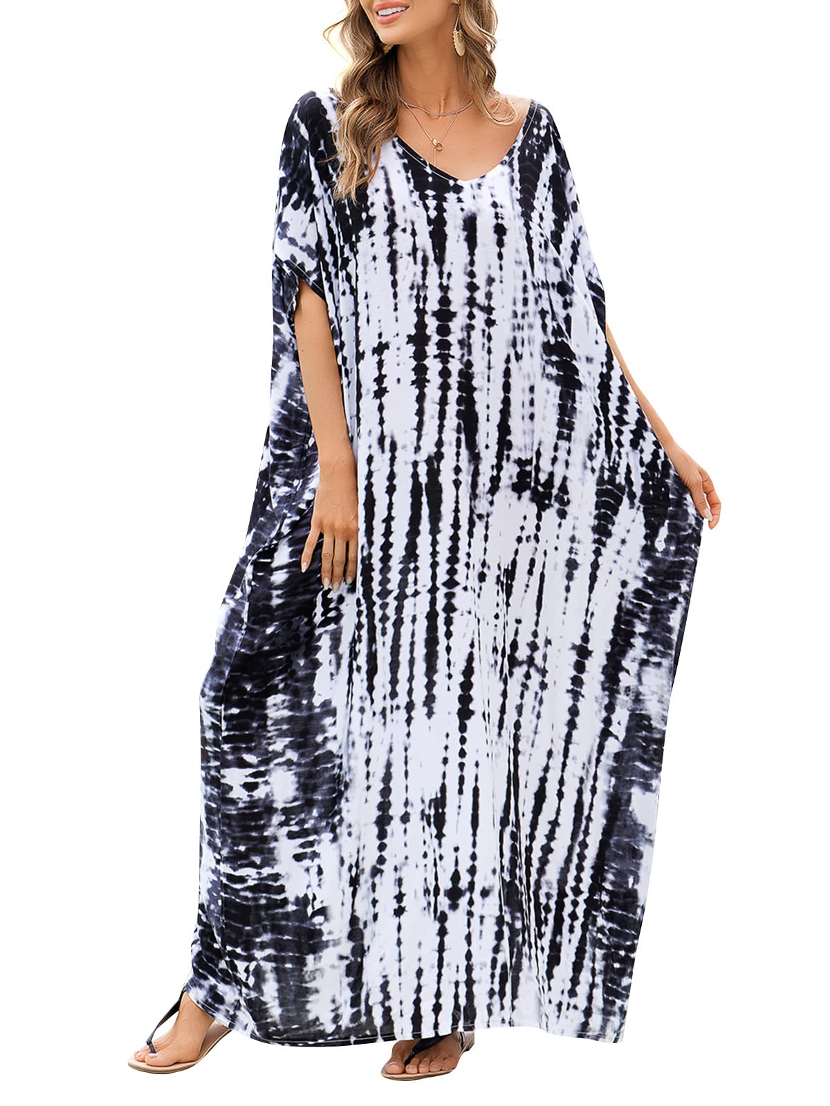MorelianMorelian Women Oversized Maxi Dress Tie Die Printed V Neck Beach Robe Cover Ups