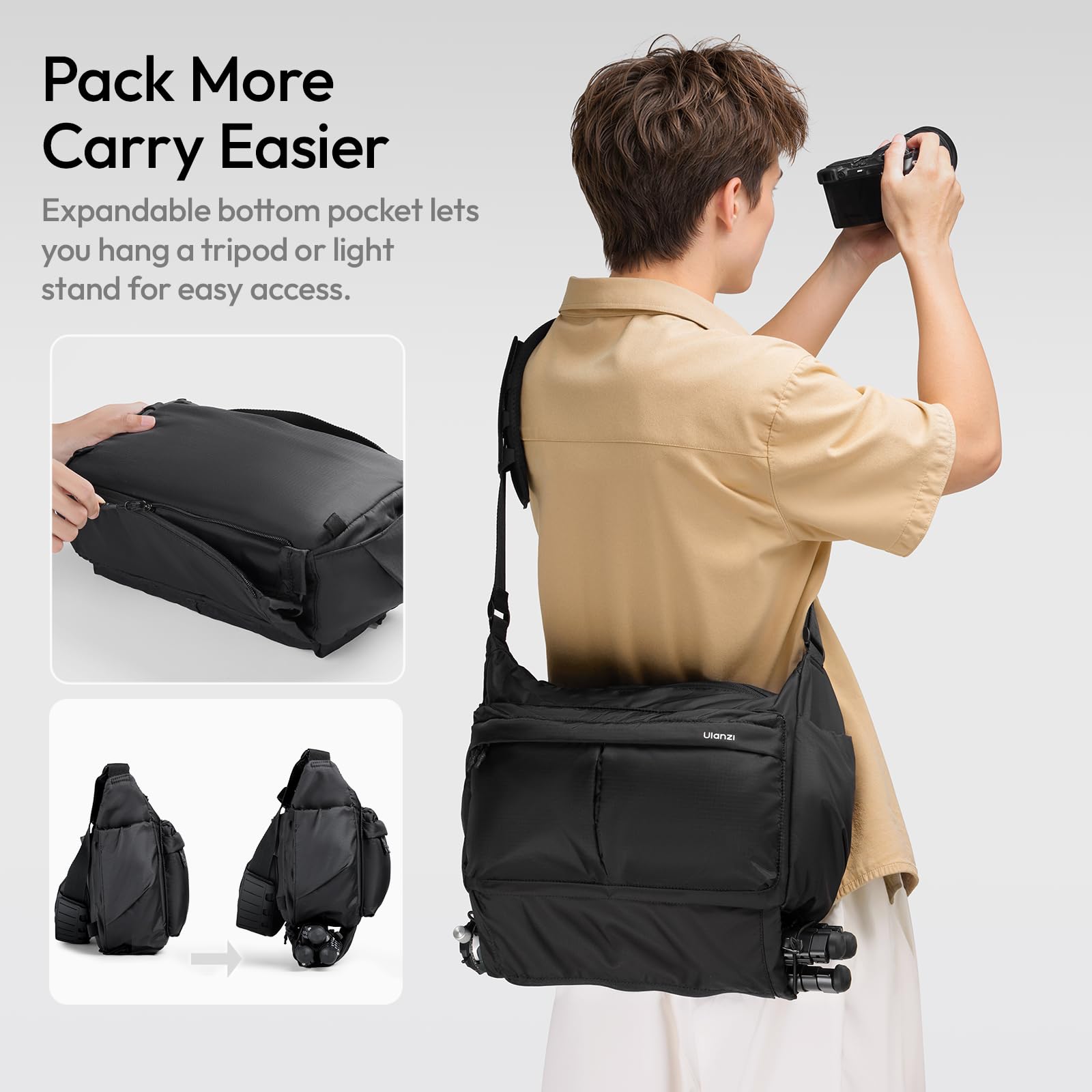 ULANZI U023 - Borsa a tracolla per fotocamera da 13 litri, impermeabile, con pannello Molle e scomparto imbottito per fotocamera DSLR/fotocamera, scomparto per laptop da 14", treppiede, borsa modulare