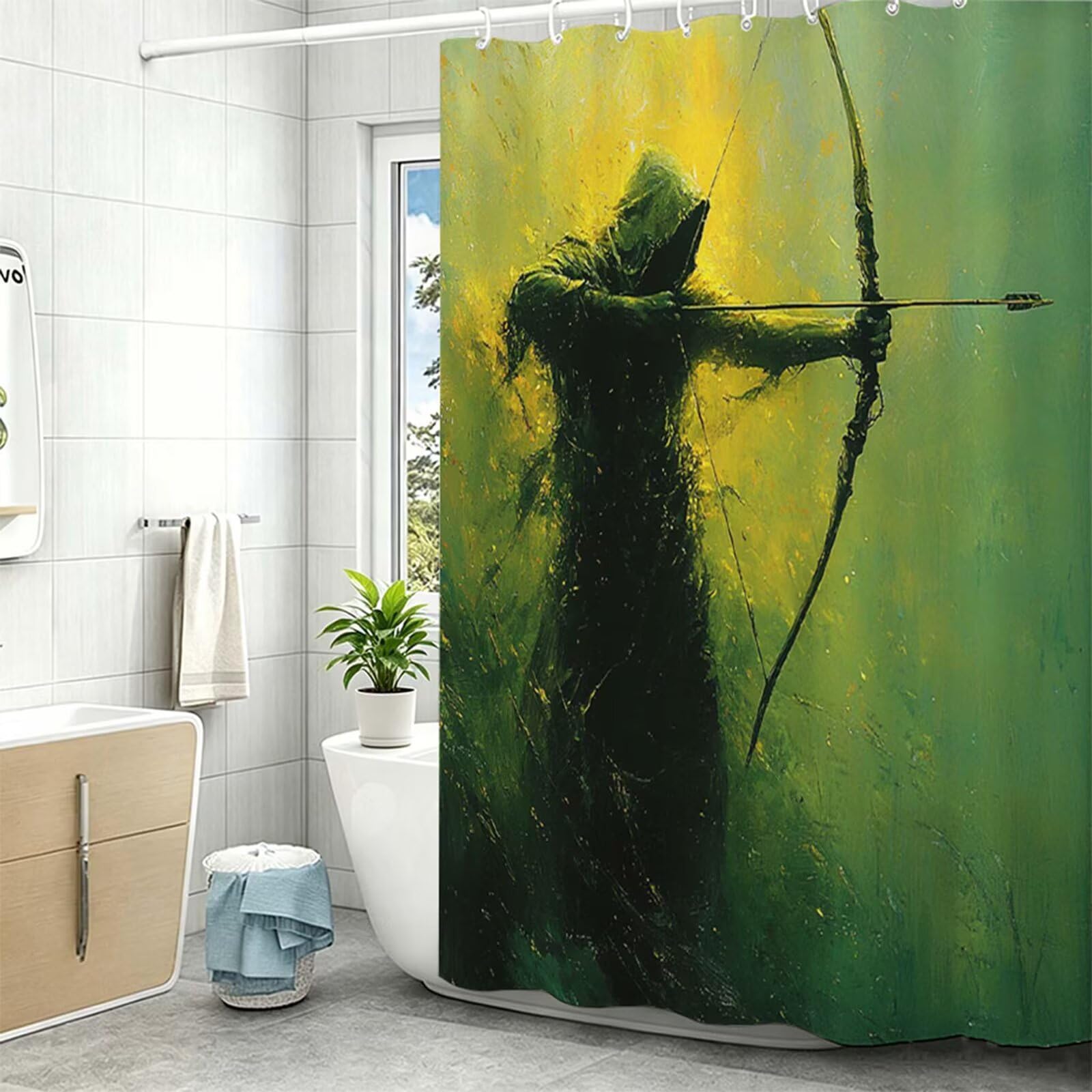 Tenda Doccia in Poliestere verde,Tende per Doccia Extra Lunga 240x200cm,guerriero Tenda Vasca da Bagno Tessuto Lavabile,Impermeabile e Facile da Pulire,con 12 Ganci,Decorazione per Bagno,Hotel Z-430