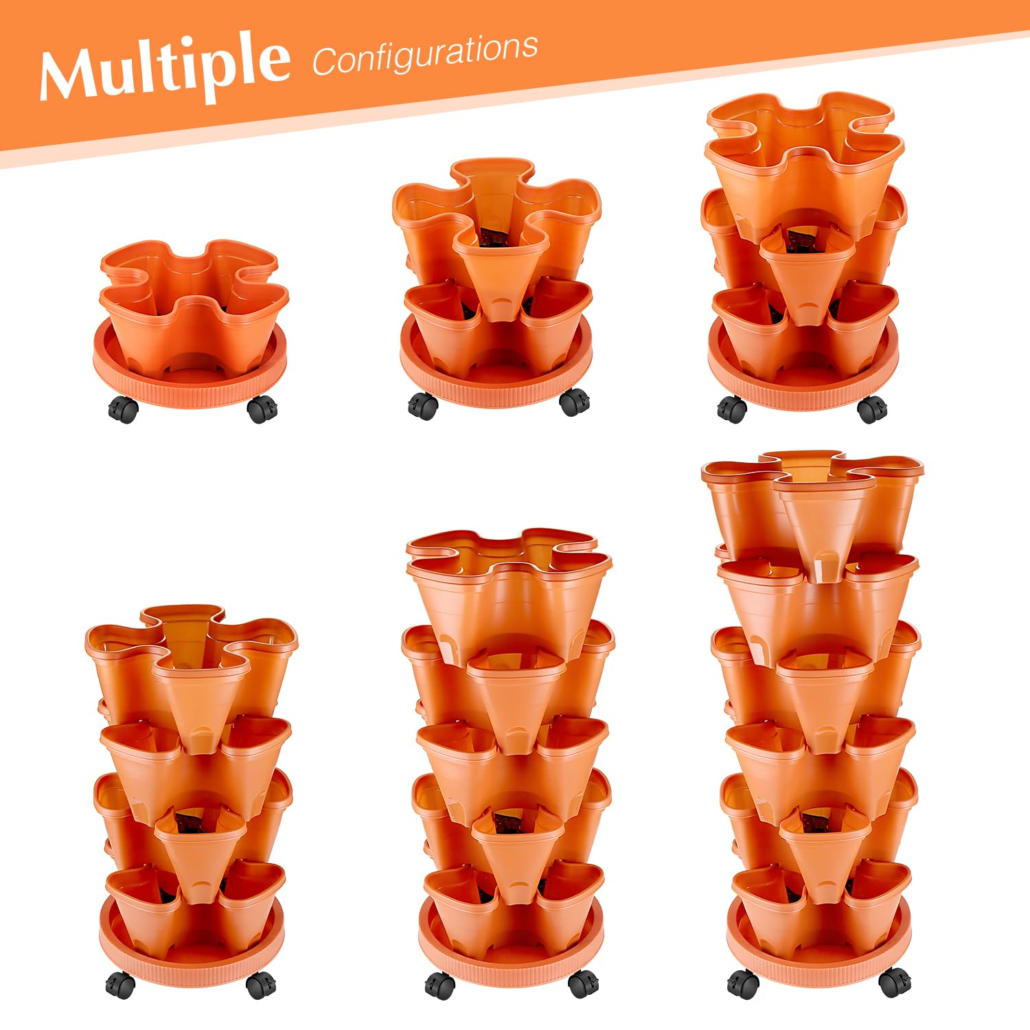 WADEO Macetas de Fresas Ultra Resistentes, Maceta Tridimensional 32x12x 32 cm por Maceta, Maceta Apilable Multicapa, Maceta de Plástico Fresa para Balcón, Jardín, Interior y Exterior (Naranja)