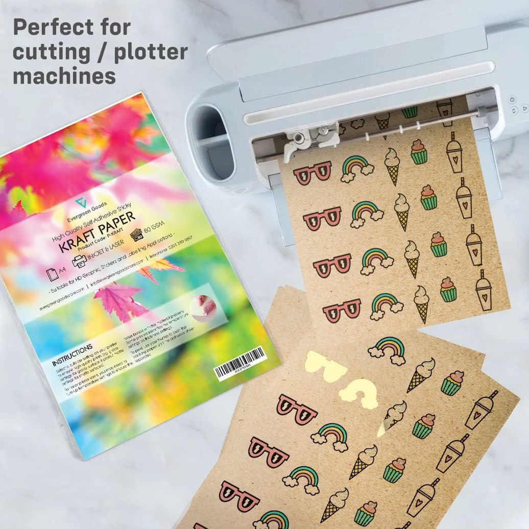 Evergreen Goods - 500 fogli di carta kraft marrone opaca formato A4, etichette autoadesive per Cricut e Silhouette, stampabili a getto d'inchiostro e laser, durevoli e versatili, dimensioni 210 mm x