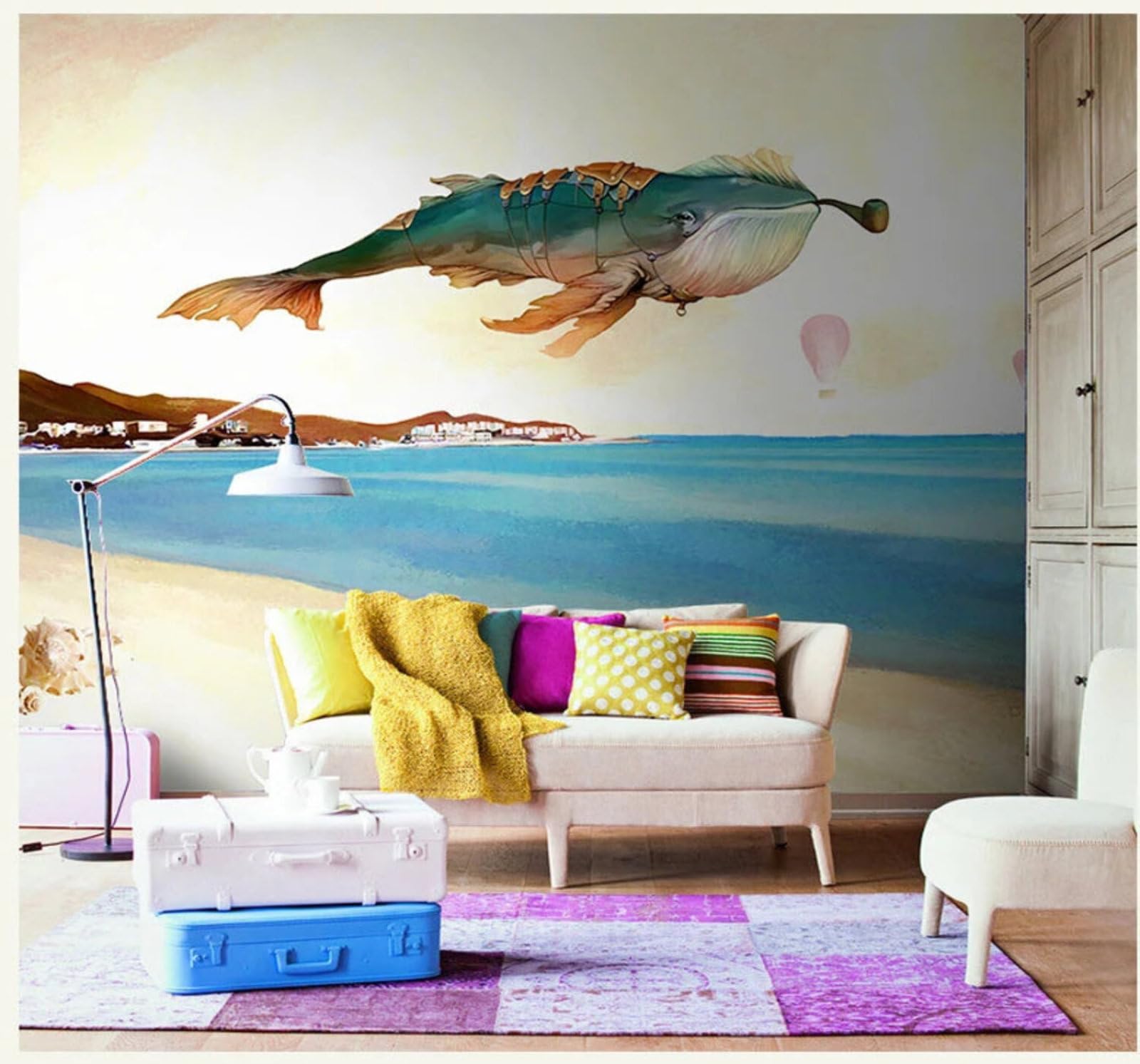 Xlming 350Cm×256Cm(B×H) Cartoon Whales Ocean Beach Scenery 3D Wallpaper Silky Texture Home Study Office Grey Dining Room Sofa Bedroom Living Room Tv Backdrop-350Cm×256Cm