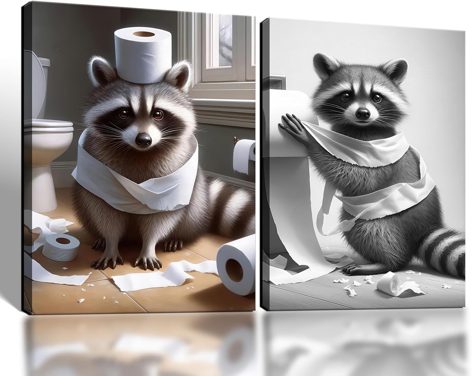Framed Raccoon Bathroom Wall Art Set Of 2 Cute Funny Raccoon Canvas Prints Black And White Animal Bathroom Decor For Kids Room Laundry Room Powder Room Ready To Hang 12 X 16 Inches