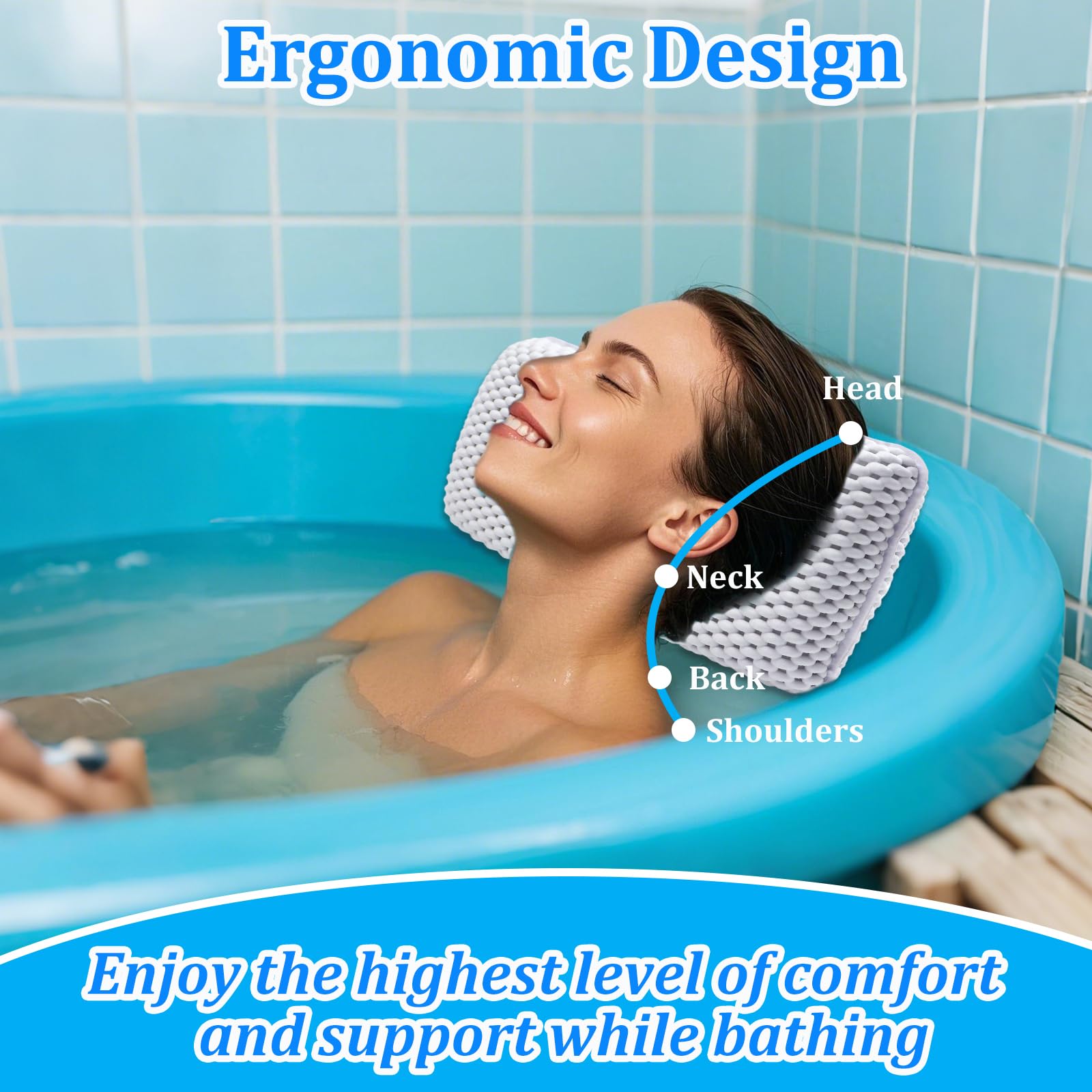 Oreiller de Bain Ergonomique 4D avec 6 Ventouses Antidérapantes Coussin de Baignoire de Amovible Repose-Tête Baignoire Blanc - Jardin