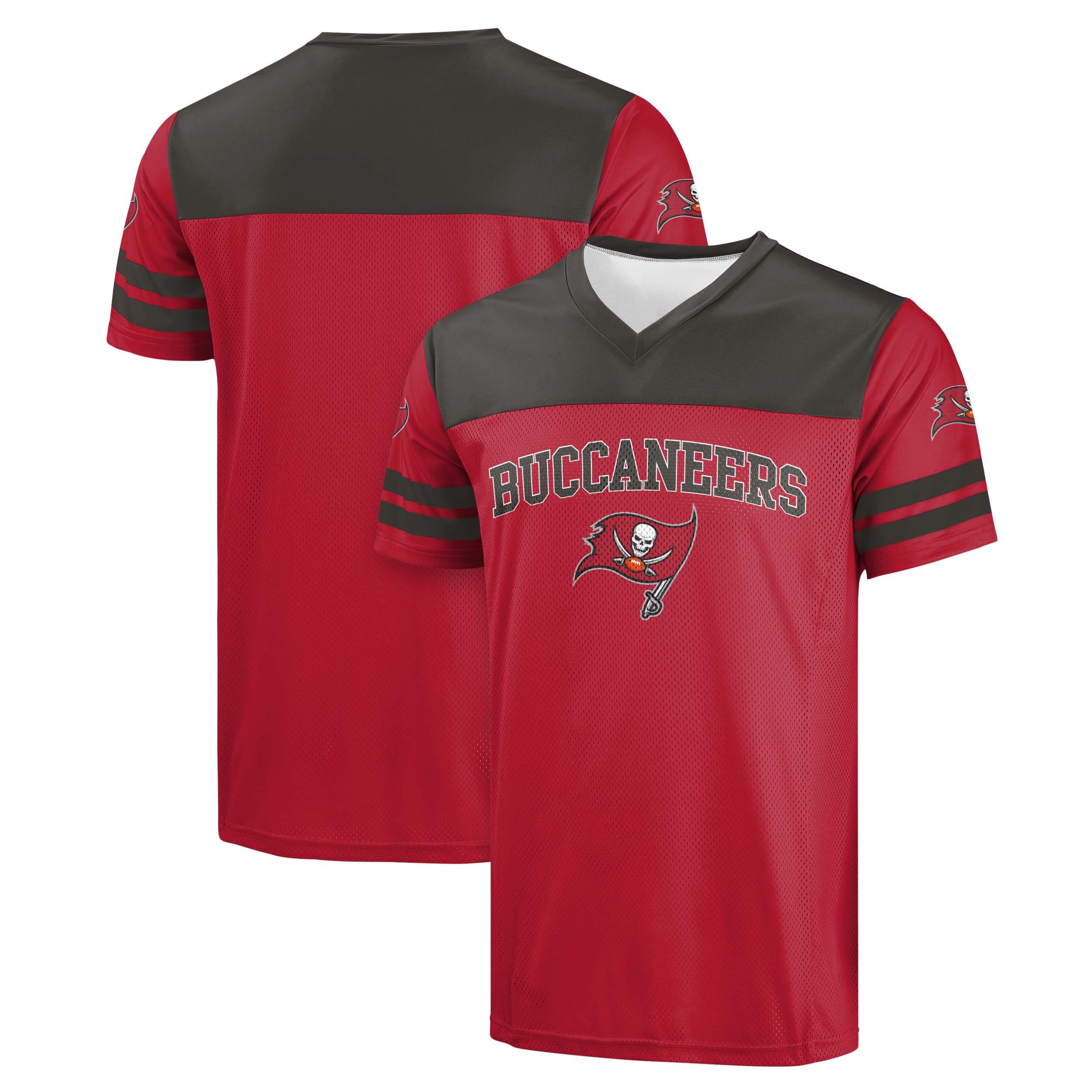 FOCO NFL Men's Officially Licensed Primary Logo Team Color Wordmark Game Day V-Neck Football Top, Tampa Bay Buccaneers - Red, Medium
