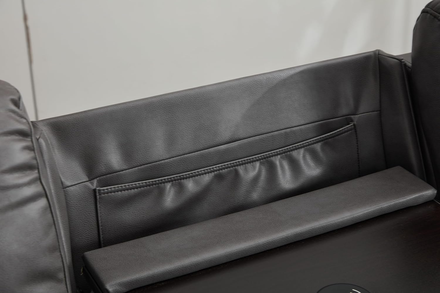 FANYE Breathable Leather Upholstered Power Motion 3 Seaters Sofa Couch W/USB Port, Wireless Charger,Stainless Steel Cupholders,Drop Down Table,2 Recliner Chaises and Magazine Bag, 85", Grayish Blue