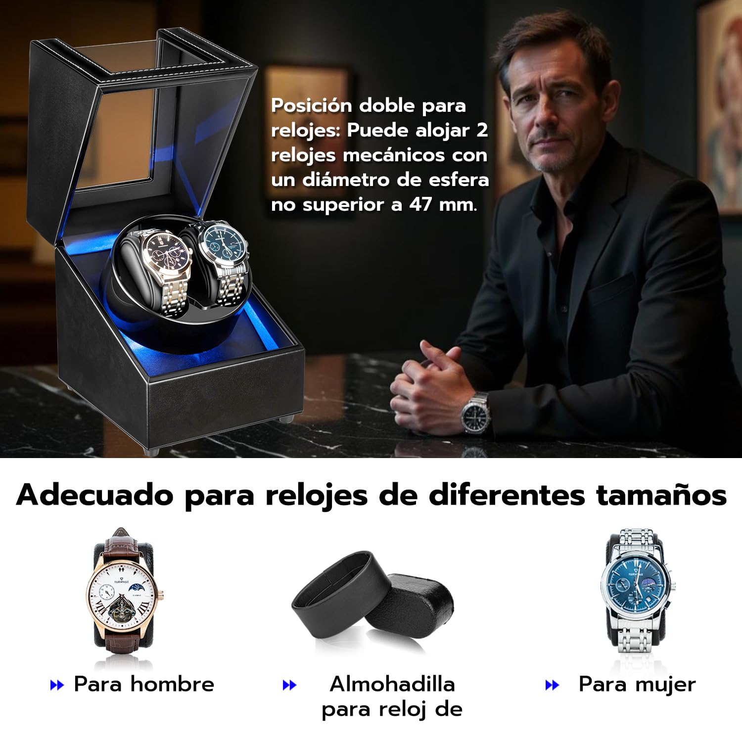 Caja automática doble para reloj, para 2 Relojes, Con LED azul, Caja enrolladora automática para Relojes, Vitrina acrílica de Cuero - Negro