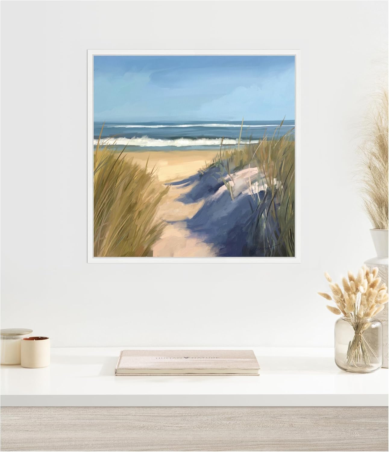 Kate and Laurel Framed Canvas Wall Art Print By The Sea by Mary Sparrow, 22 x 22 Sylvie White Frame, Coastal, Beach Art for Wall Decor