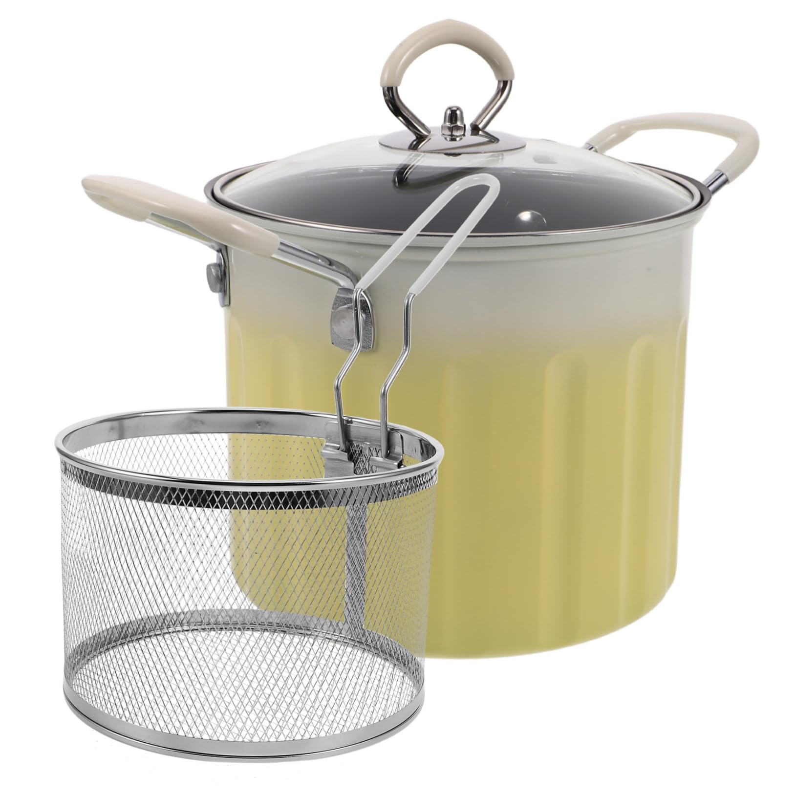 VOSAREA 1 Set Stainless Steel Fryer Multifunctional Drainer Drip Oil Kitchen Deep Fryer Pot Frying Pot Large Stock Pot Deep Frying Pan with Lid Soup Pot Yellow Refined Iron