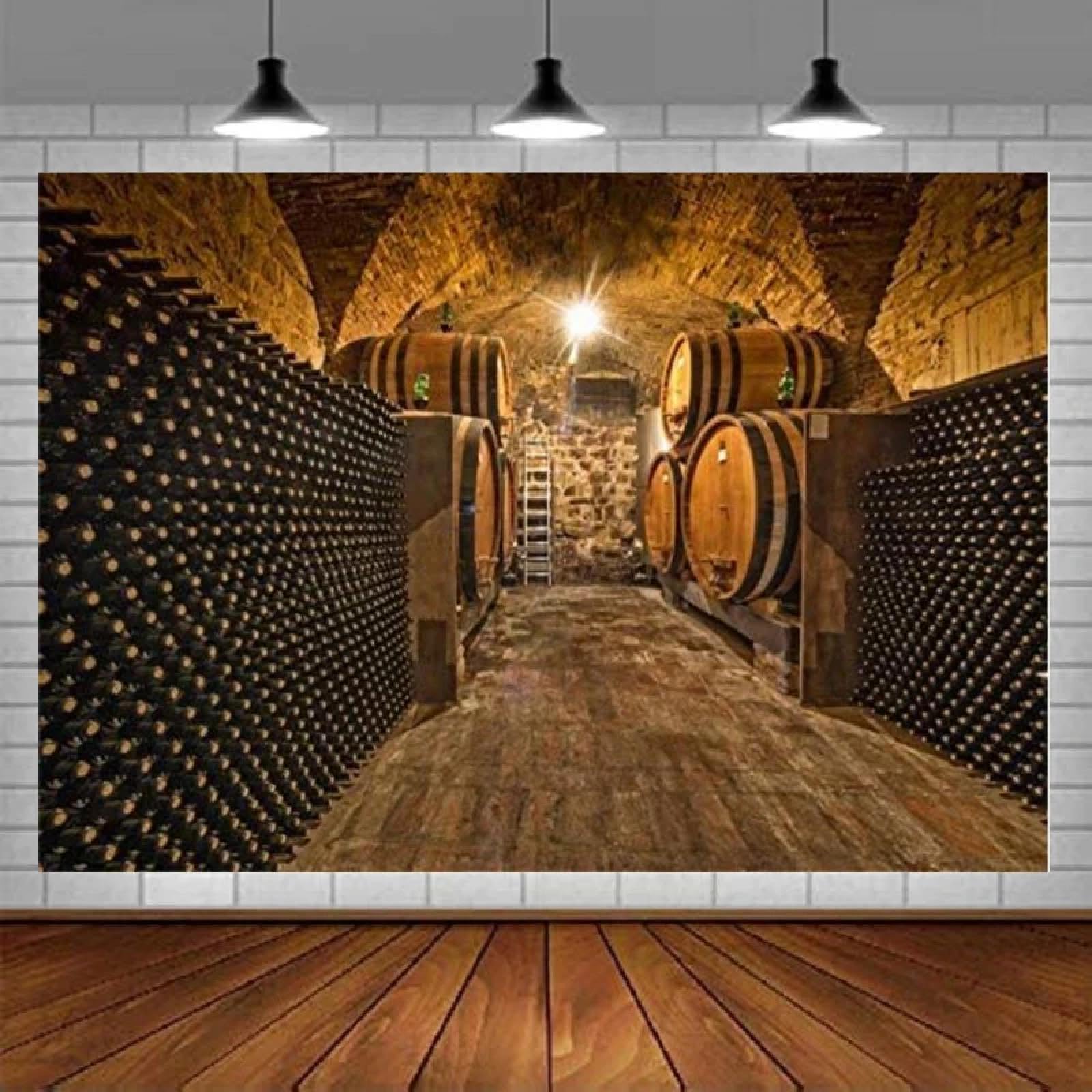 Tło fotograficzne podziemna piwnica na wino dębowe beczki butelki drabina drewniana podłoga tło portret sesja zdjęciowa studio rekwizyty
