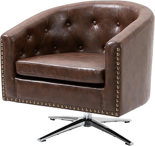 AVAWING Silla decorativa, silla de barril de piel sintética, sillón decorativo con acolchado suave y base de metal, silla moderna de mediados de