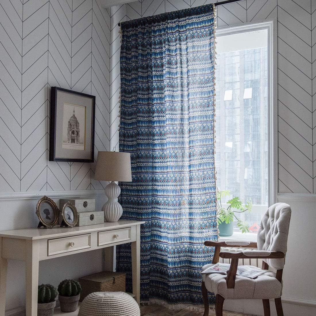 vctops Bohemian Cotton Linen Geometric Printed Window Curtain Panel with Tassels Rod Pocket Room Darkening Curtain Panel for Living Room Bedroom, 1 Piece (59"x94",Blue)