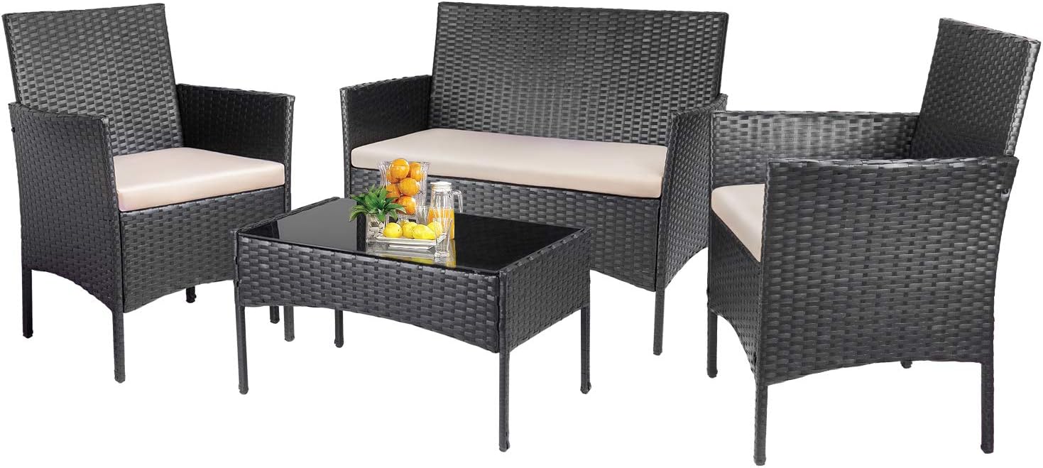 Patio Outdoor 4 Pieces Indoor Use Conversation Sets Rattan Wicker Chair with Table Backyard Lawn Porch Garden Poolside Balcony Furniture, Black (FVC-MBG0)