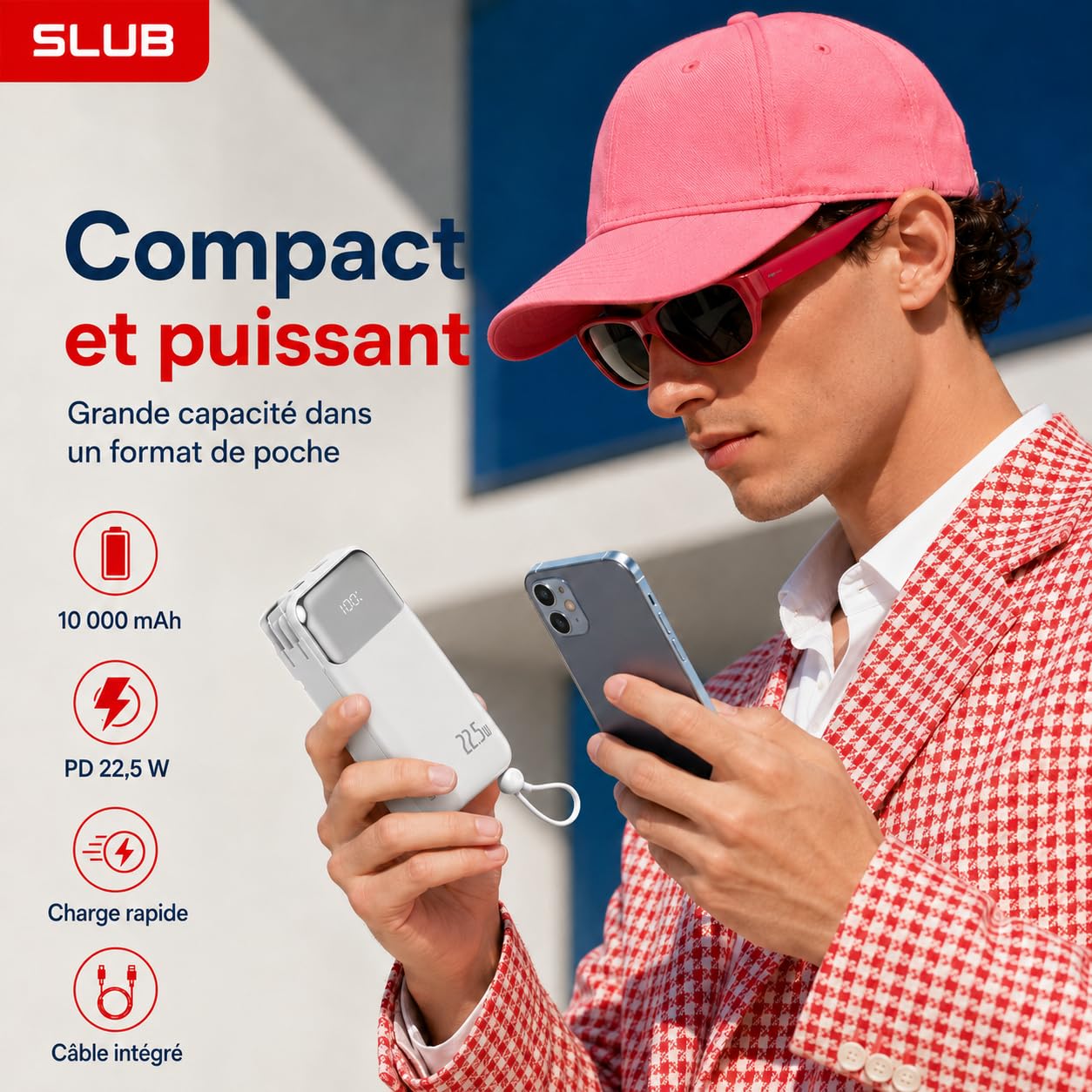 SLUB Batterie Externe 10000mAh 22,5W, Chargeur Portable Compact