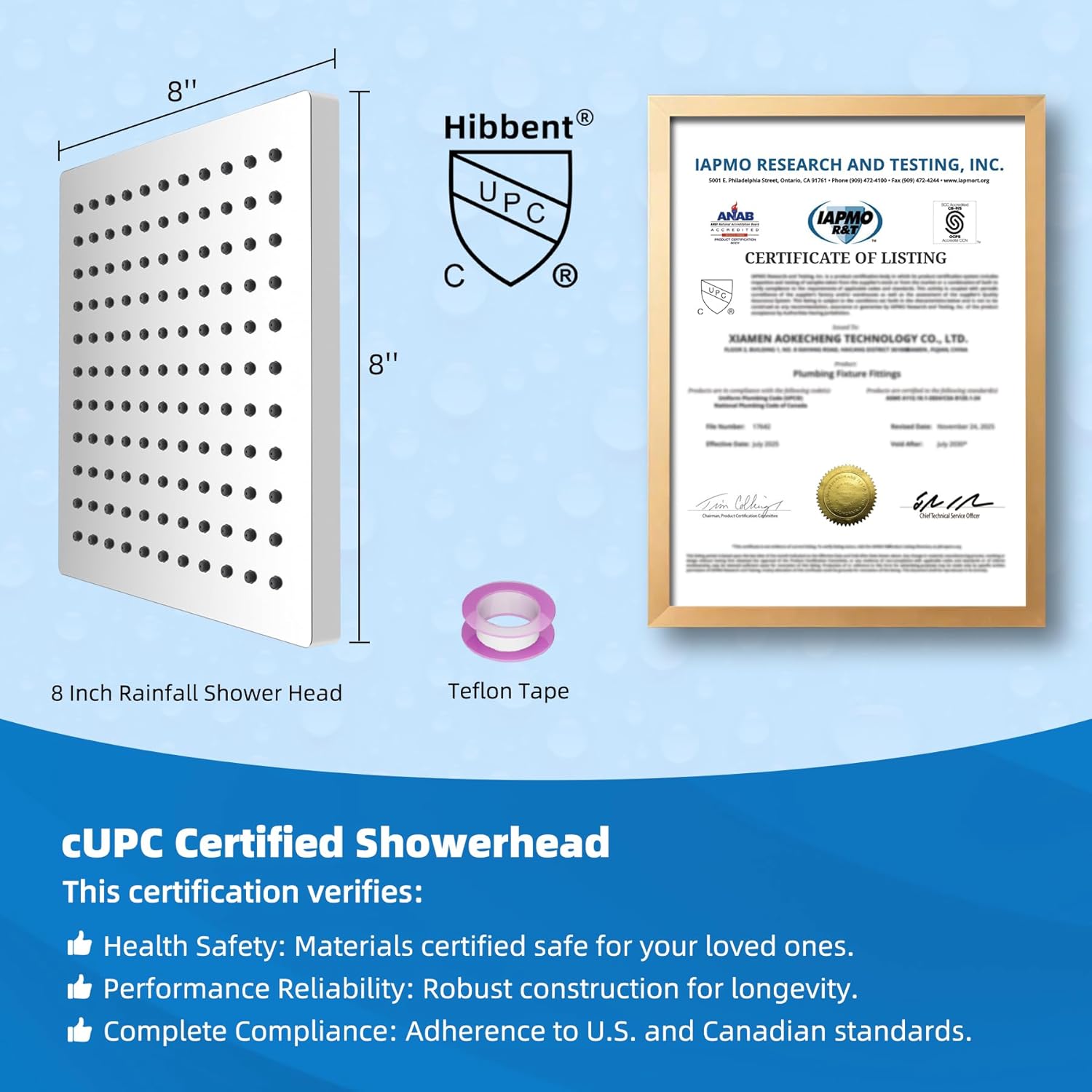 Hibbent cUCPC Certified Thickness Rain Shower Head, 8'' High Pressure Rainfall Shower Head, Square Bathroom Waterfall Shower Heads, High Flow Fixed Showerheads with Adjustable Brass Ball Joint, Chrome - Image 6