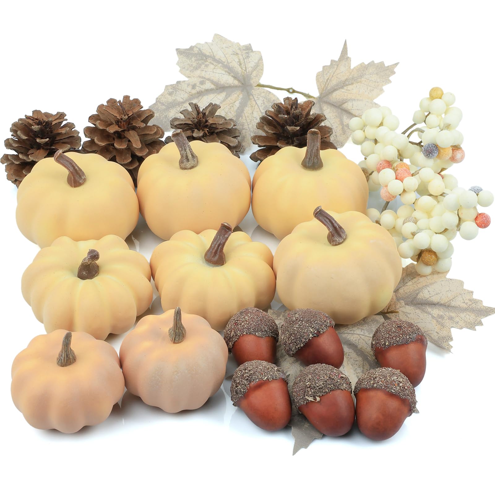 Artgar Fake Foam Pumpkin - Fall Decor - 24 PCS Pumpkin Decor Set with Acorns Pinecones Maple Leaves Berries for Halloween Thanksgiving Fall Harvest Home Decor DIY Crafts Table Centerpieces