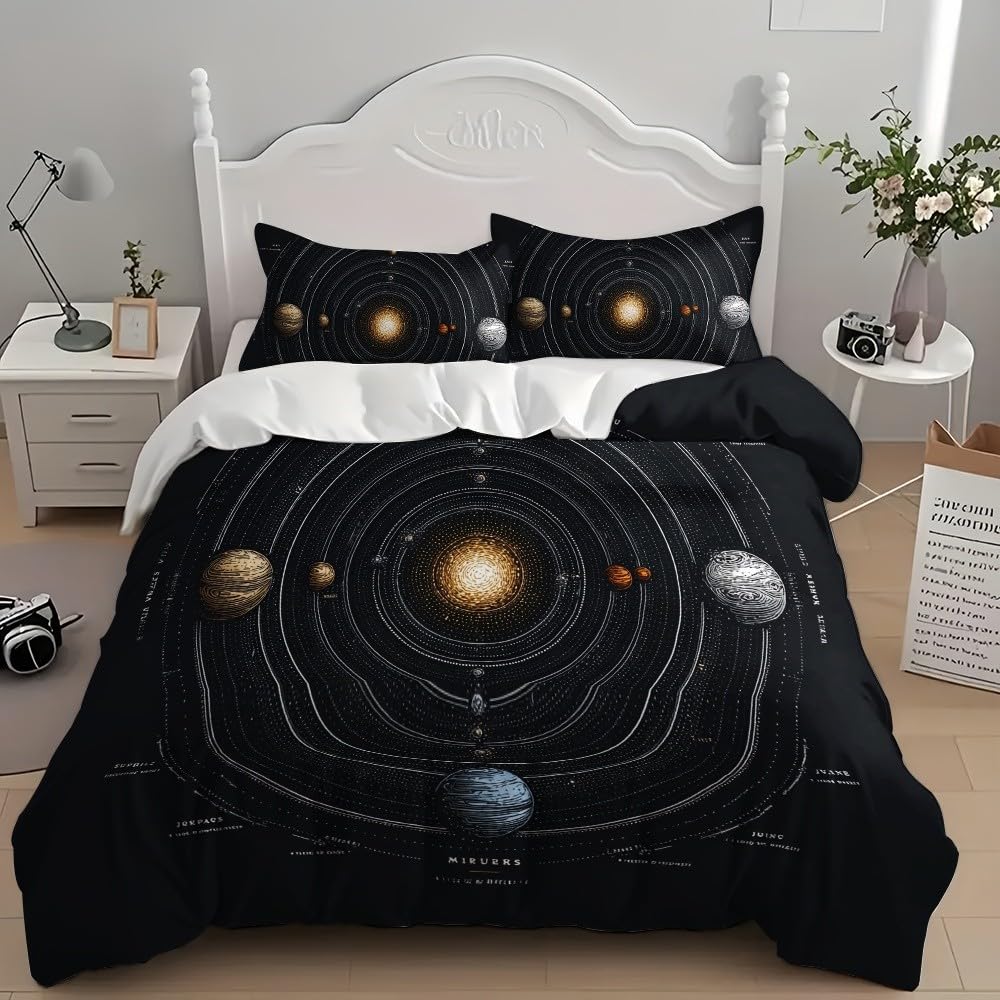 Fantasy Space Planetary Patterns Duvet Cover 240x220cm Black Quilt Cover 3 Pieces Microfiber Soft Hypoallergenic Bedding Sets With Zipper For Adults 2 Pillowcases