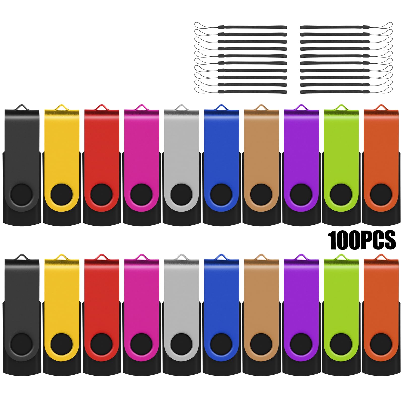 EASTBULL Flash Drives Bulk 2GB USB Thumb Drive 100 Pack USB 2.0 Memory Stick Swivel Pen Drive with Lanyard for Storage and Backup (2GB 100 Colors)
