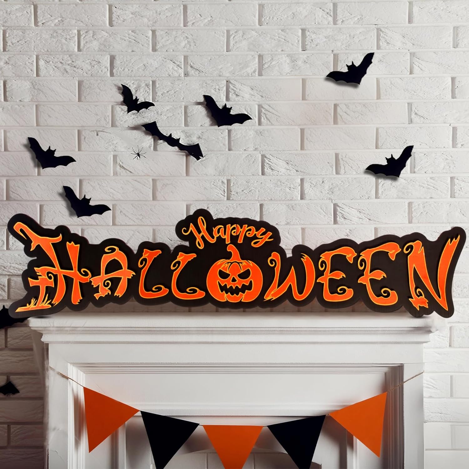 Yousoontic Large Gothic Happy Halloween Wooden Yard Sign Giant Black Orange Trick or Treat Porch Signs Wall Decor for Fence Garage Outdoor Backdrop Props(47.2 x 11.8 Inch)