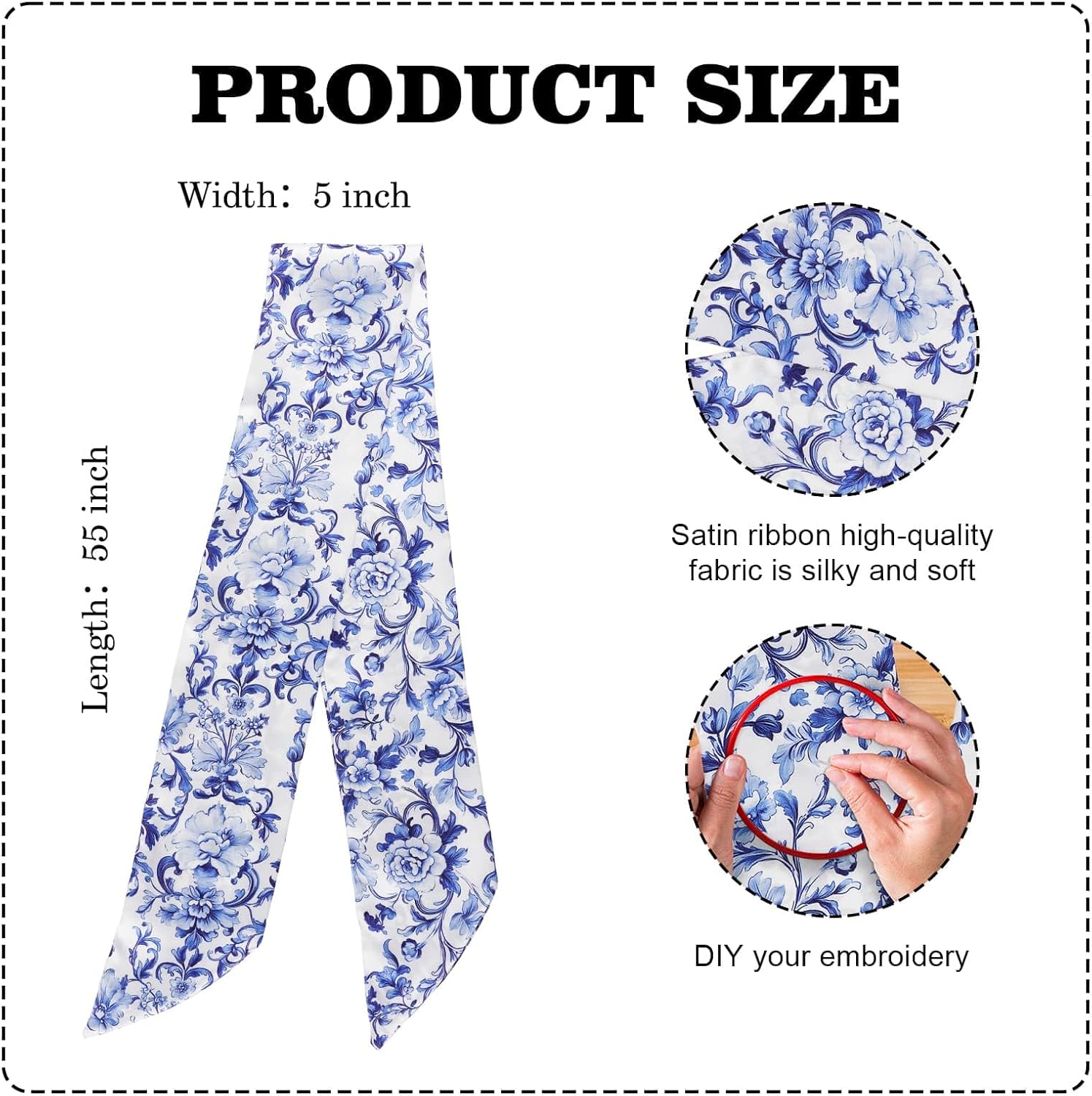 Chinoiserie Blue White Wreath Sash for Front Door, Porcelain Floral Tie Bow Asian Holiday Ribbon Decorations DIY Home Elegant Accessories