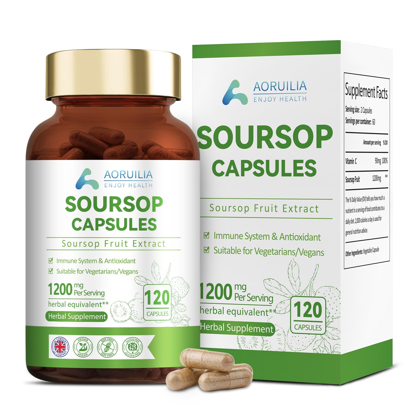Soursop Capsules with Vitamin C - 1200mg Soursop per Serving - Soursop Fruit Extract Capsules for Immune & Antioxidant, Herbal Supplement for Men & Women, Natural & Vegan - 120 Capsules