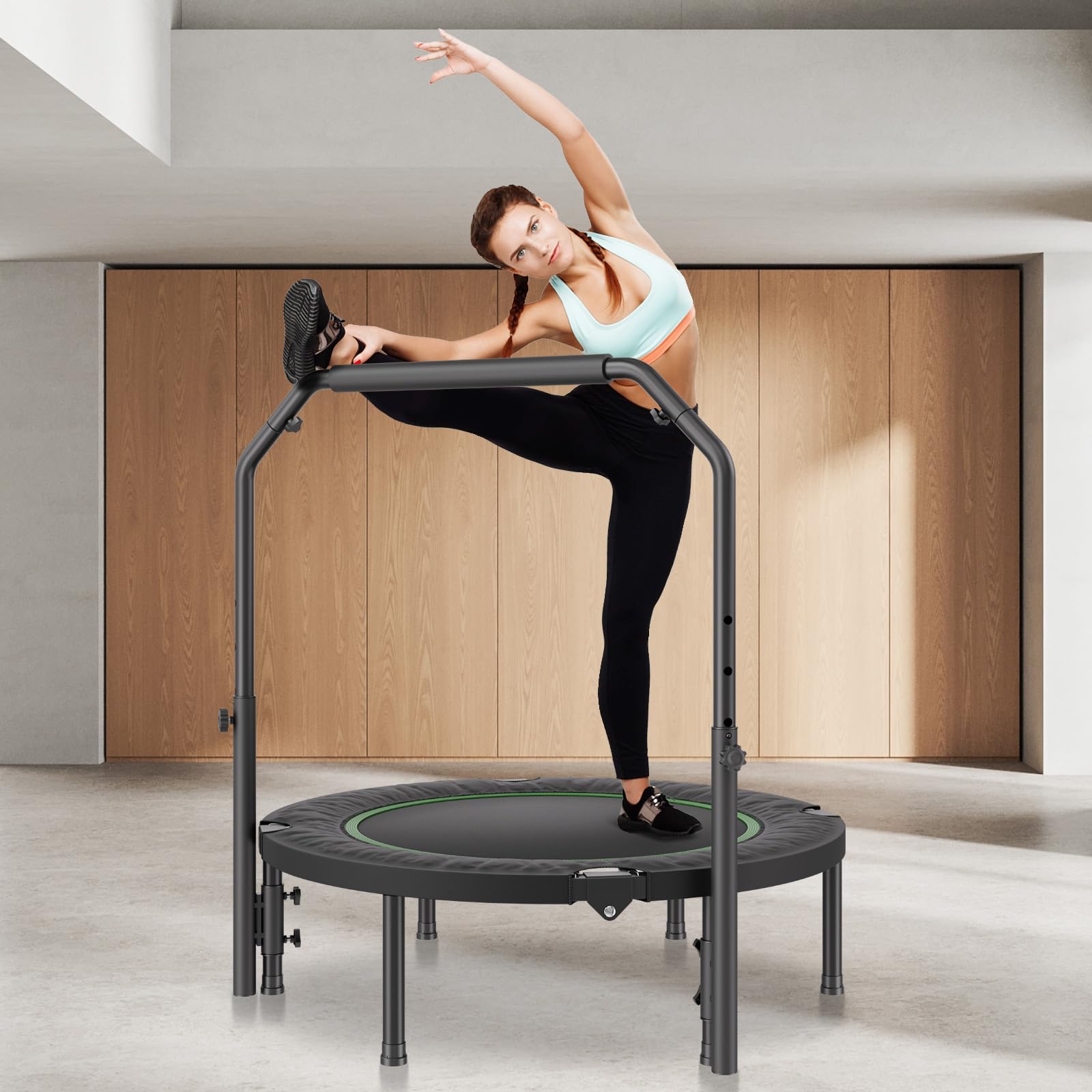 VEVOR Mini Trampoline Pliable, 1027 mm, Fitness rebounder, Charge Max. 150 kg, Stable et Silencieux avec poignée en Mousse réglable en Hauteur à 4 Niveaux, pour Exercice, entraînement, pour Adultes