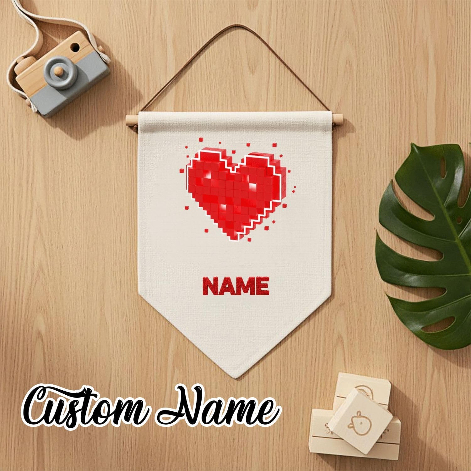 Personalized Pixel Heart Wall Banner, 8-Bit Gaming Themed Hanging Pennant, Custom Name Art for Kids Room, Nursery, Door Decor image 3