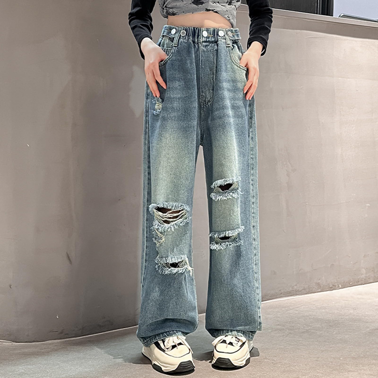 Generisch Stretch Jeans Mädchen,Madchen Elastische Bund Baggy Denim Hosen Mädchen Boyfriend Verstellbarem Bund Jogging Hose Gefütterte Lässige Teenager Girls' Casual Hosen Schlagjeans