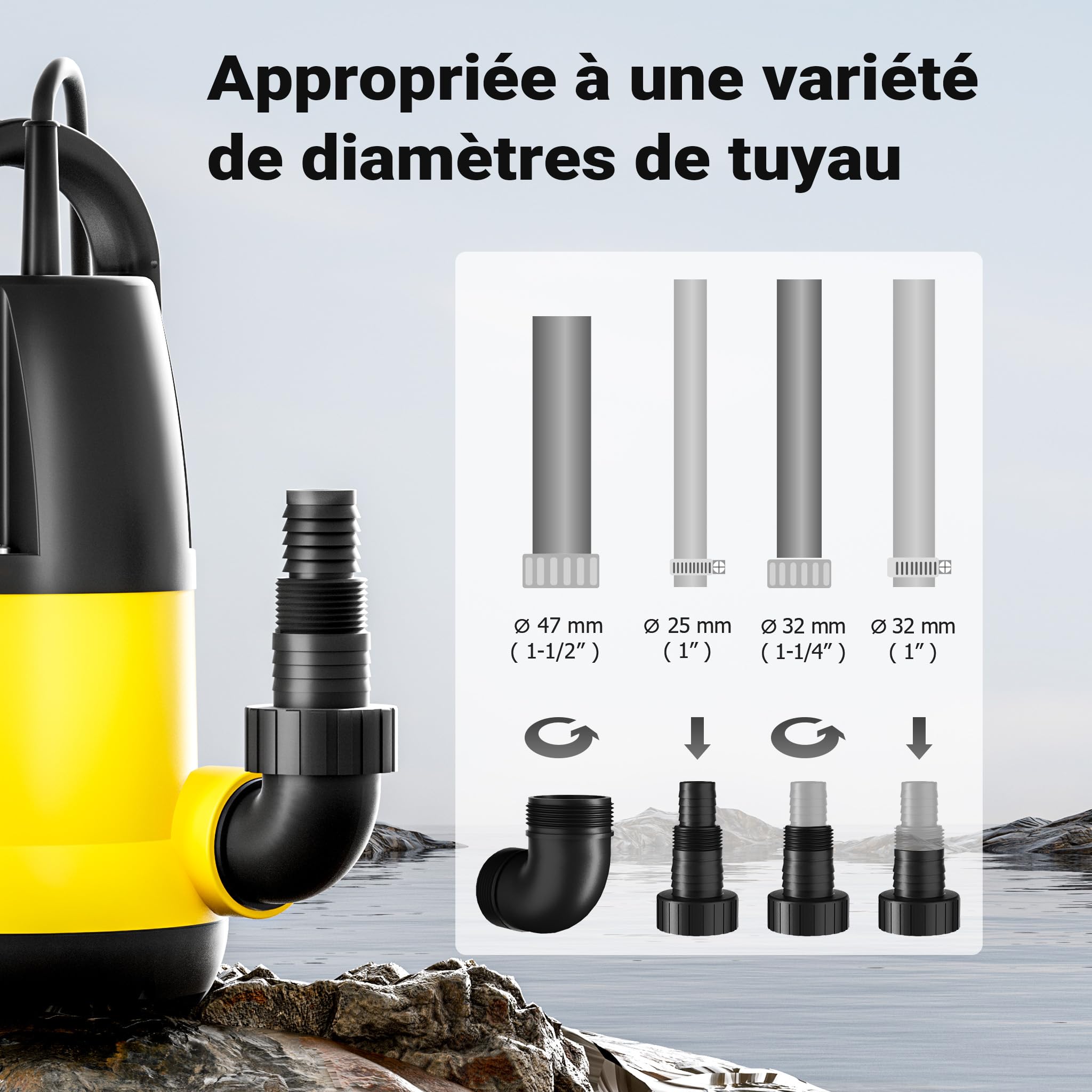 Wiltec Pompe pour Eaux usées Bleue 250W Pompe submersible 0,55 bar Débit 6000 l/h avec Câble 10m Hauteur de refoulement 5,5 m Particules jusqu'à Ø5mm Évacuation Drainage Chantier